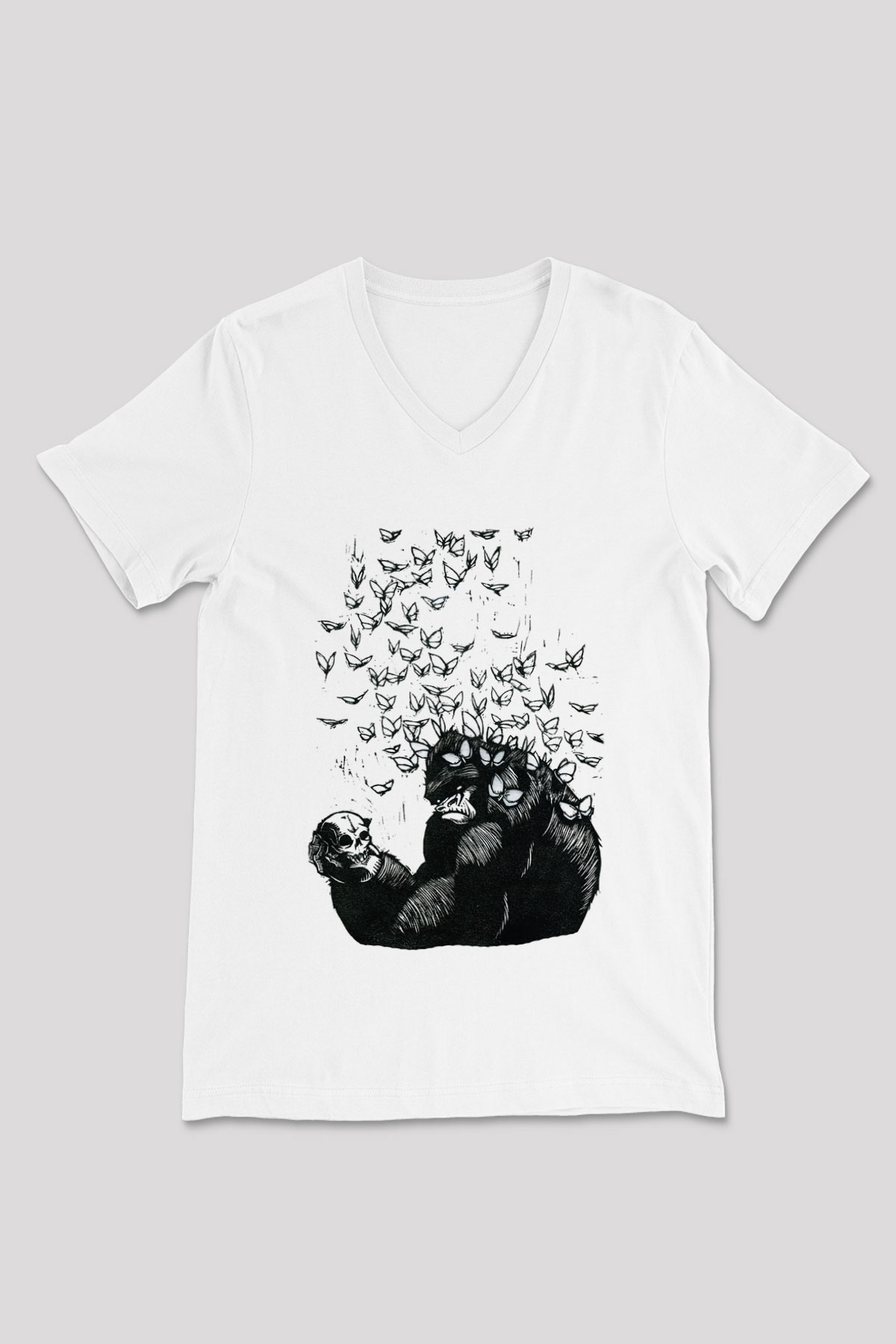Goril Beyaz Unisex V Yaka Tişört T-Shirt