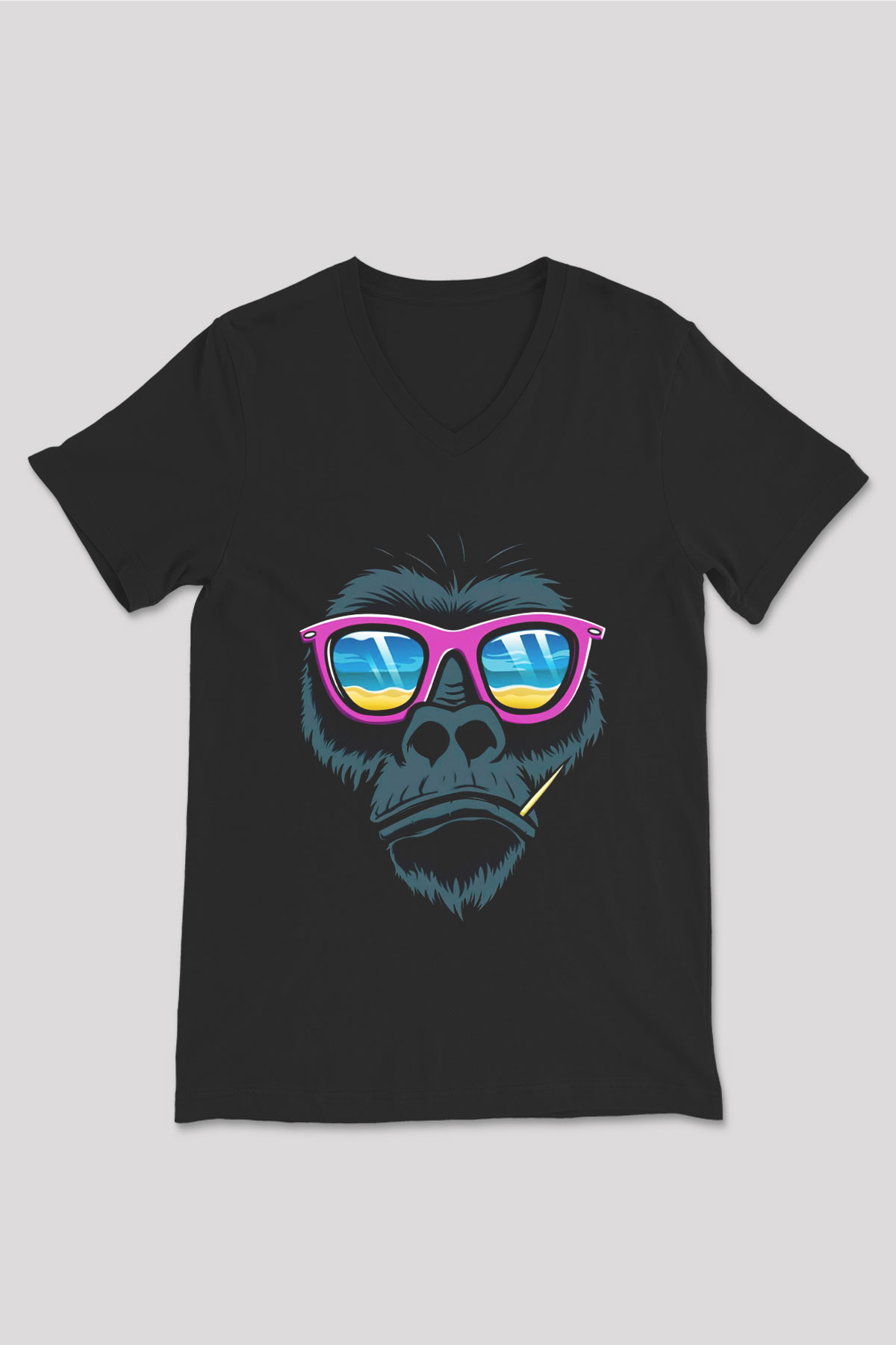 Goril Siyah Unisex V Yaka Tişört T-Shirt