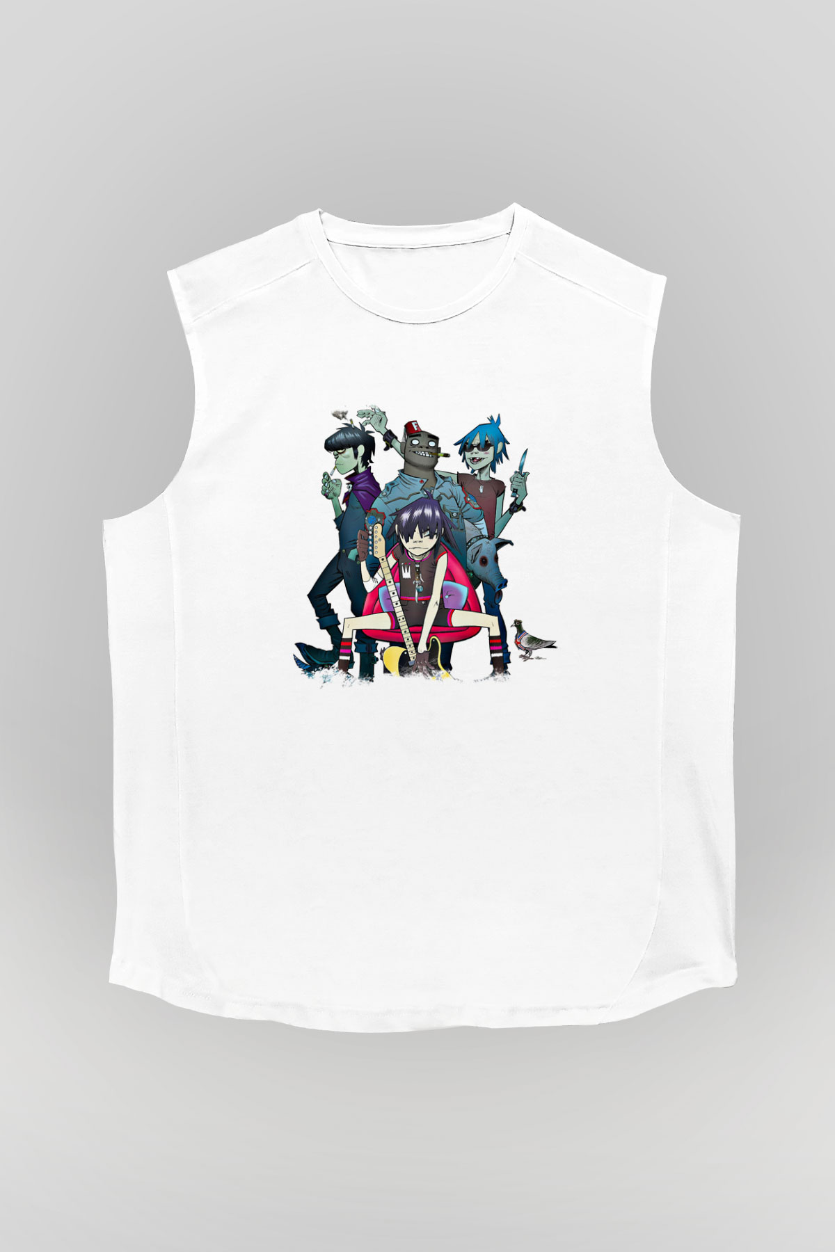 Gorillaz Baskılı Unisex Beyaz Kolsuz Tişört