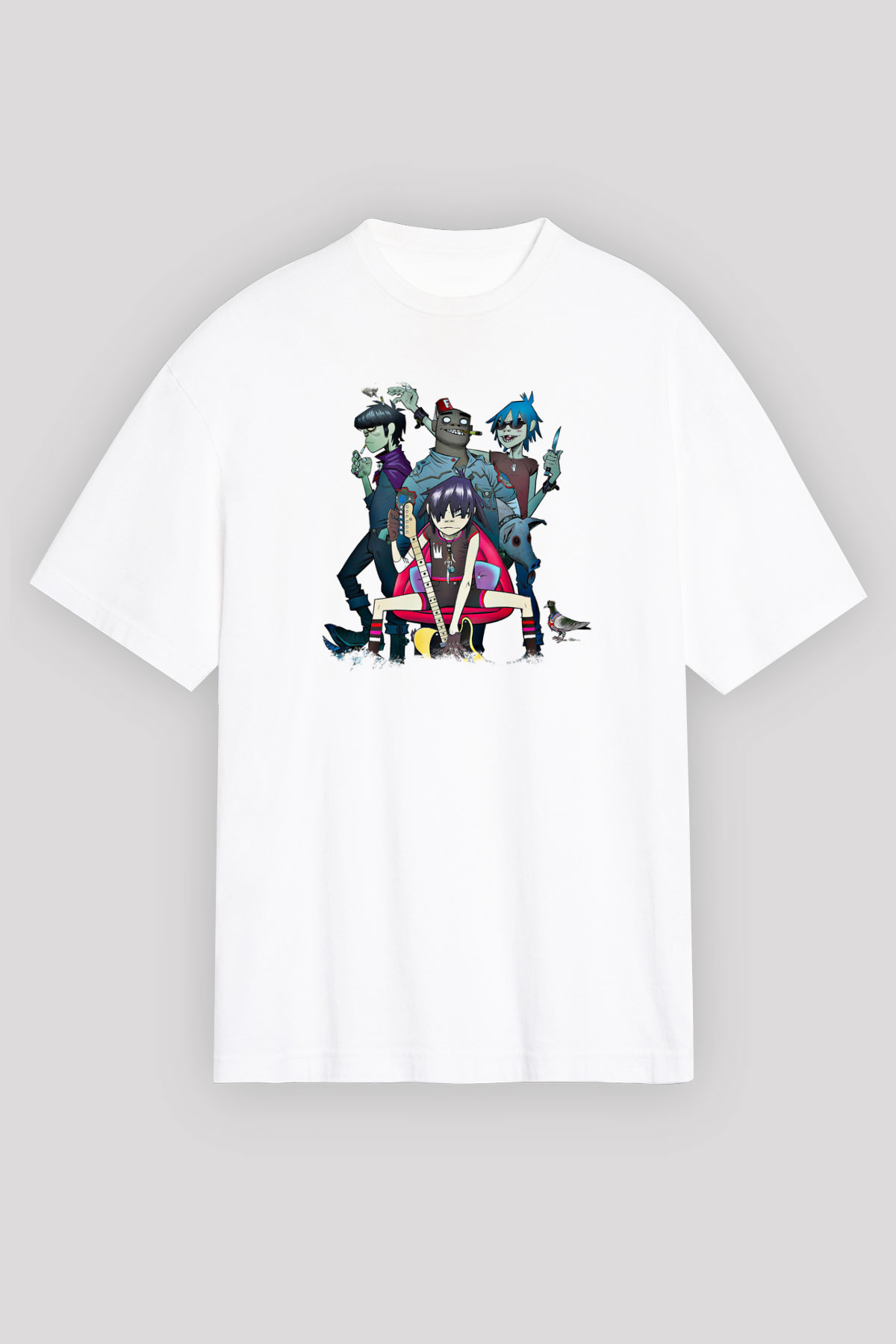 Gorillaz Baskılı Unisex Beyaz Oversize Tişört