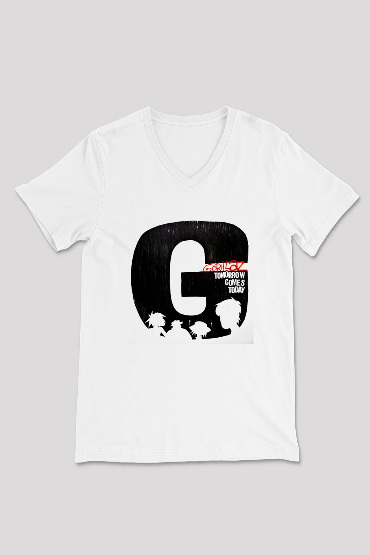 Gorillaz Baskılı Unisex Beyaz V Yaka Tişört