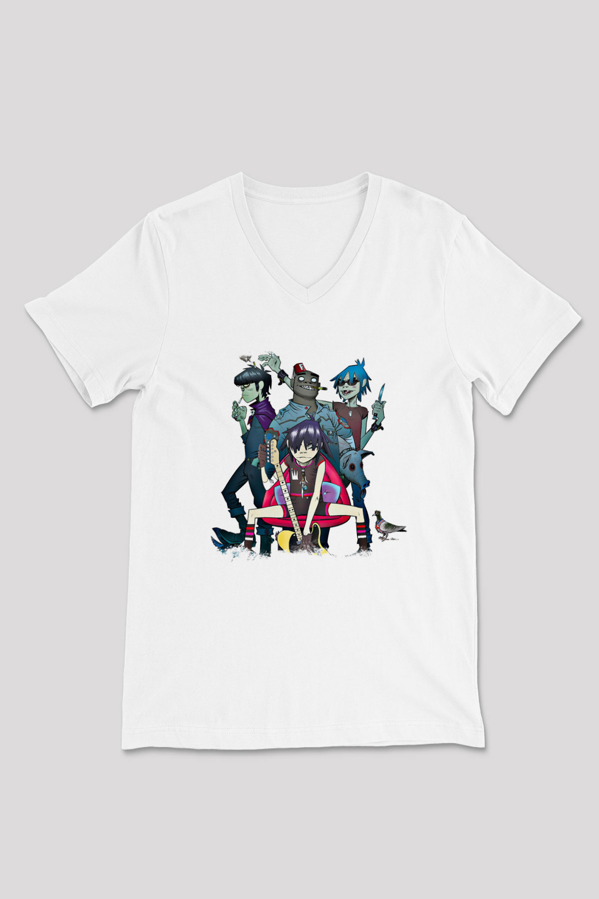 Gorillaz Baskılı Unisex Beyaz V Yaka Tişört