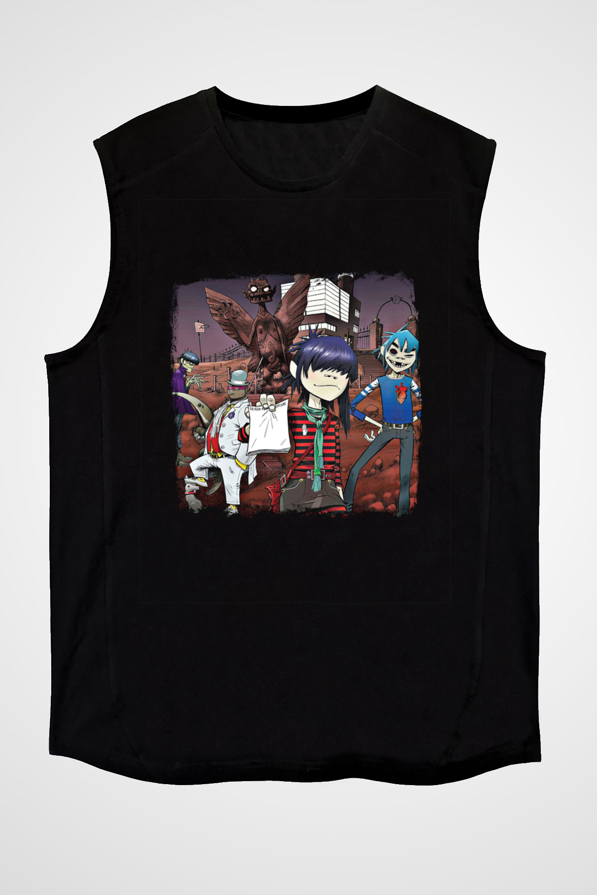 Gorillaz Baskılı Unisex Siyah Kolsuz Tişört