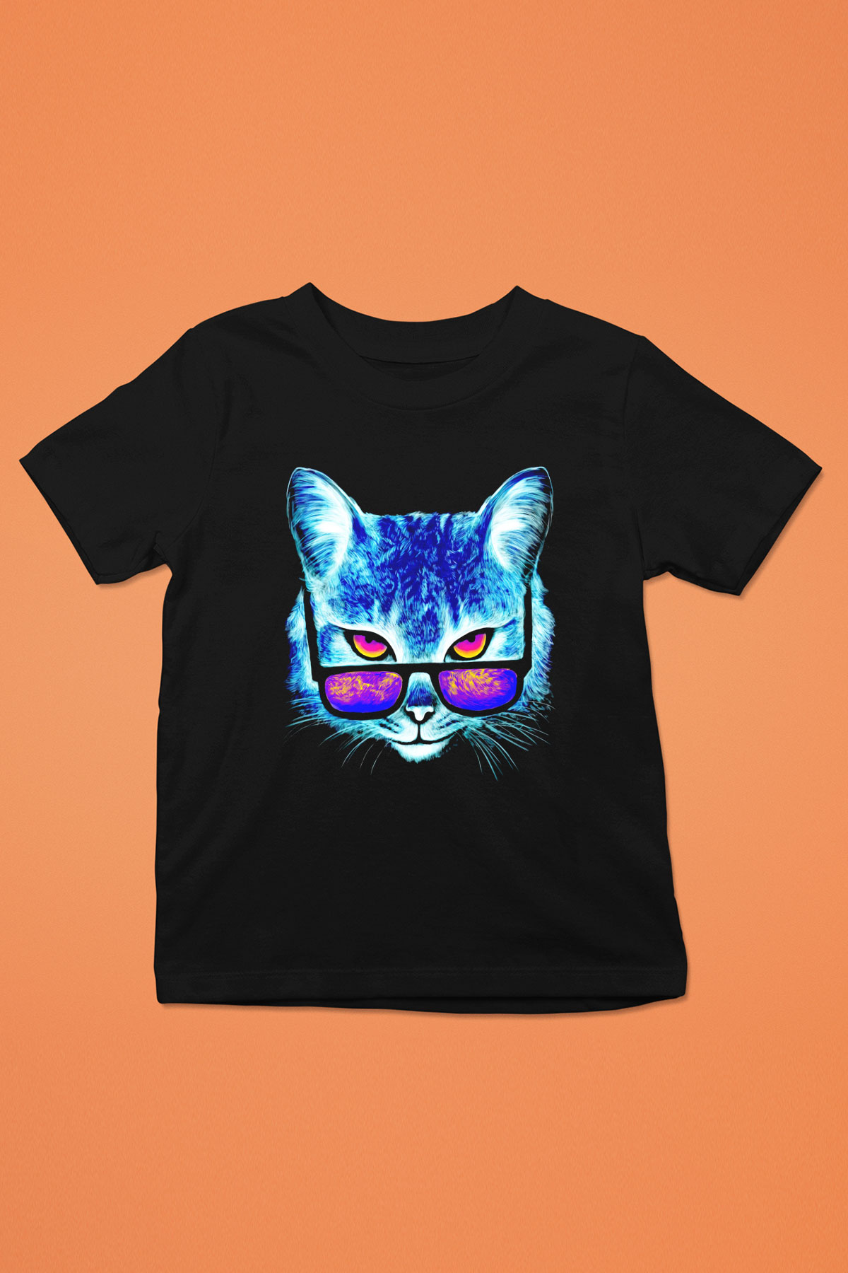 Gözlüklü Kedi Baskılı Unisex Siyah  Çocuk Tişört