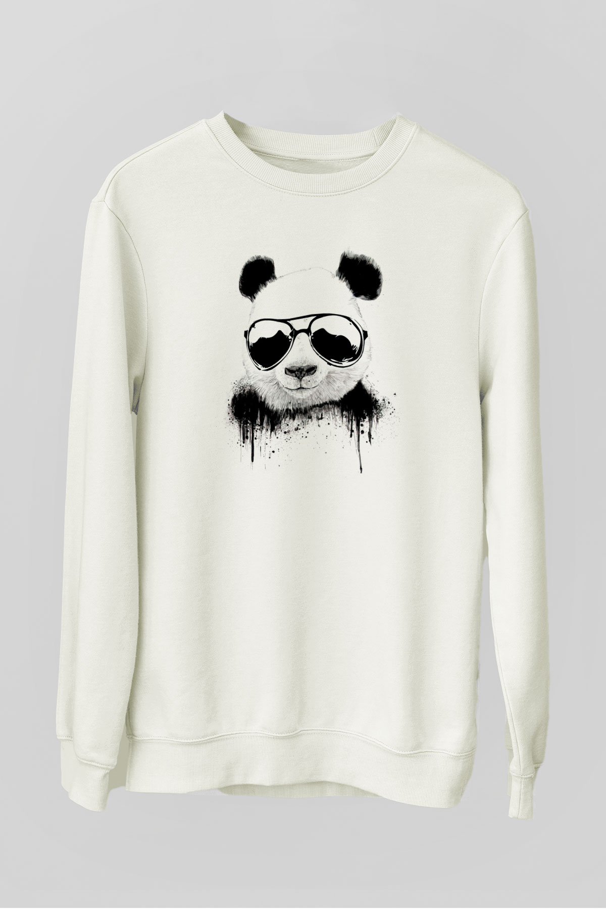 Gözlüklü Panda Baskılı Unisex Beyaz  Sweatshirt