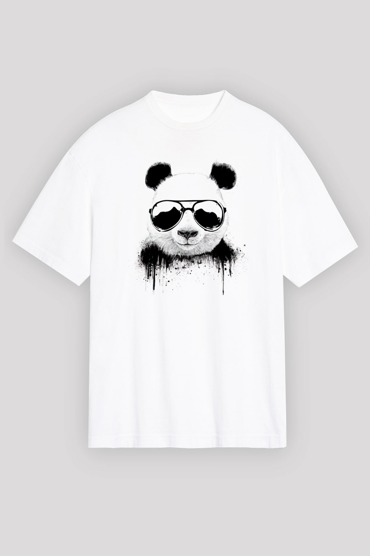 Gözlüklü Panda Baskılı Unisex Beyaz Tişört