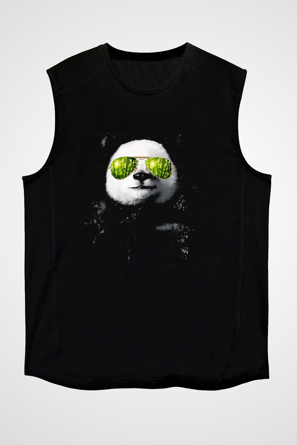Gözlüklü Panda Baskılı Unisex Siyah  Kolsuz Tişört