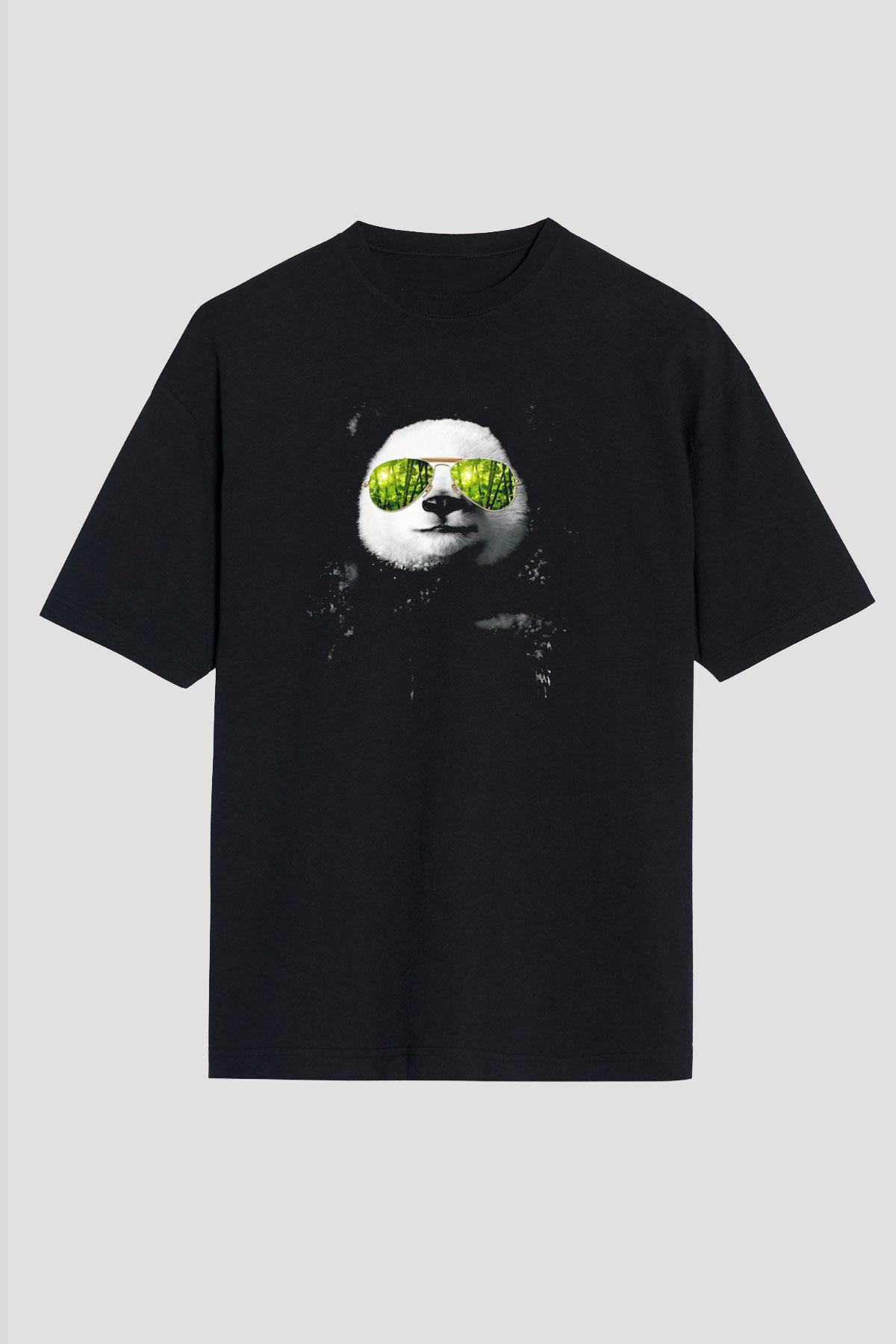 Gözlüklü Panda Baskılı Unisex Siyah Tişört