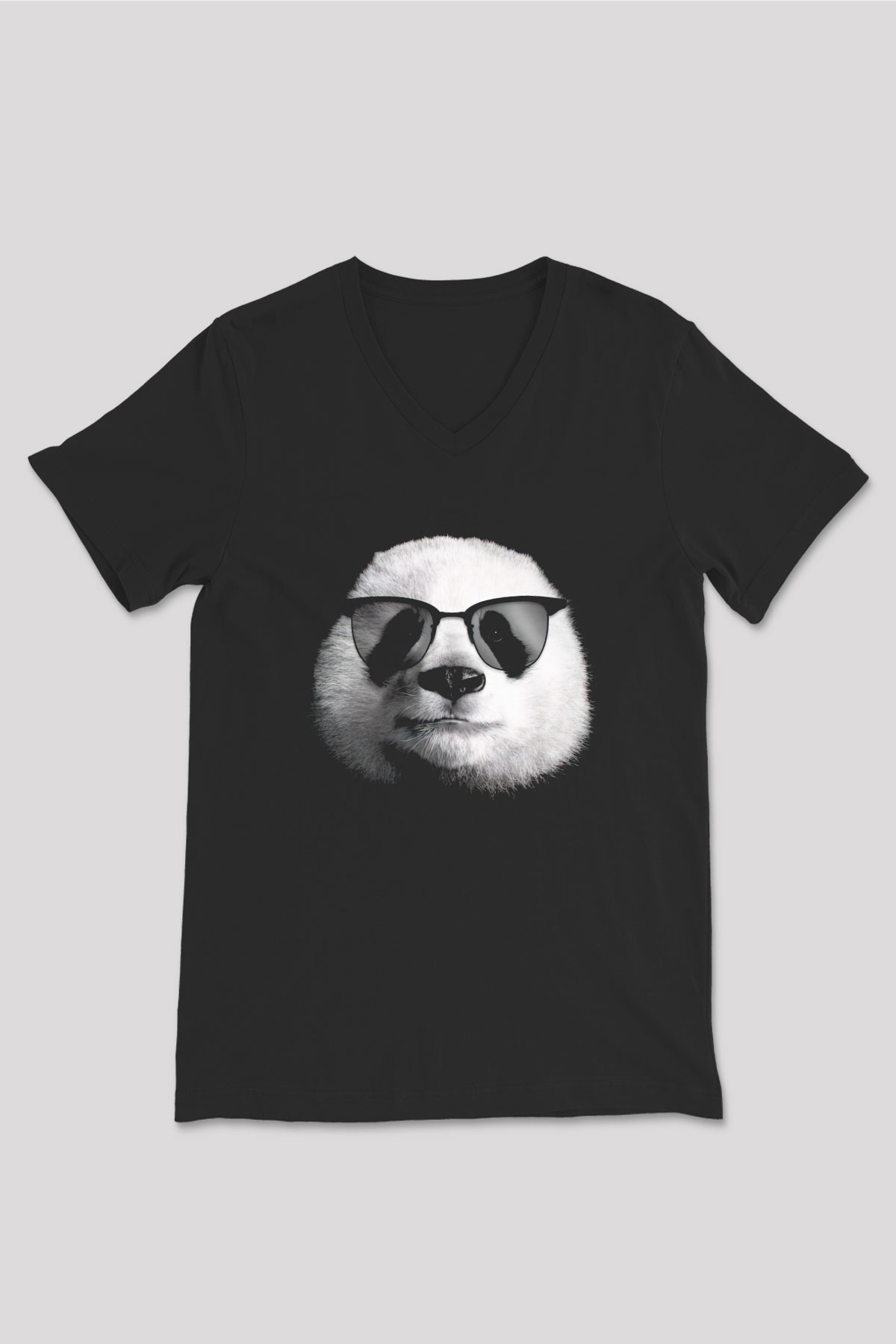 Gözlüklü Panda Baskılı Unisex Siyah  V Yaka Tişört