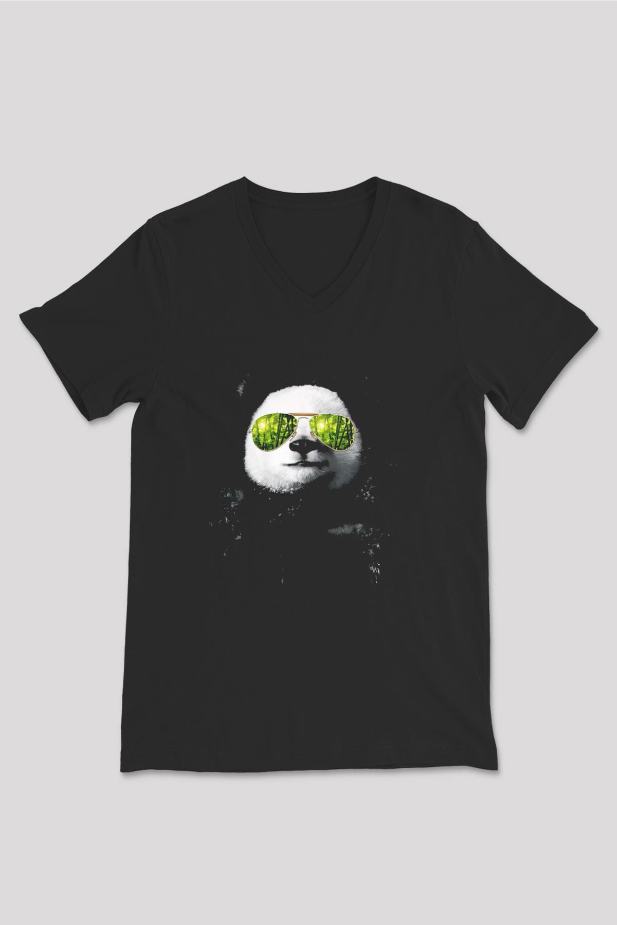 Gözlüklü Panda Baskılı Unisex Siyah  V Yaka Tişört