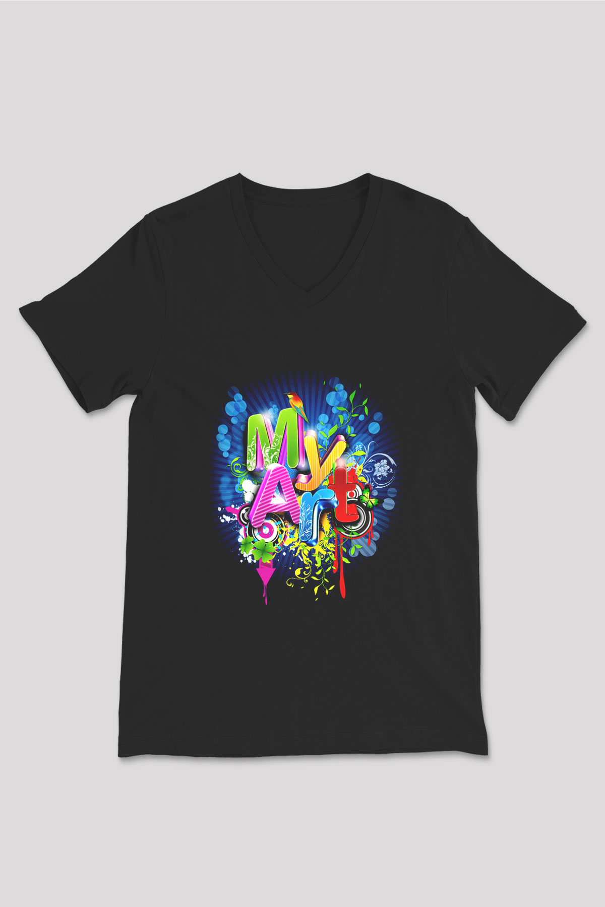 Grafiker Siyah Unisex V Yaka Tişört T-Shirt