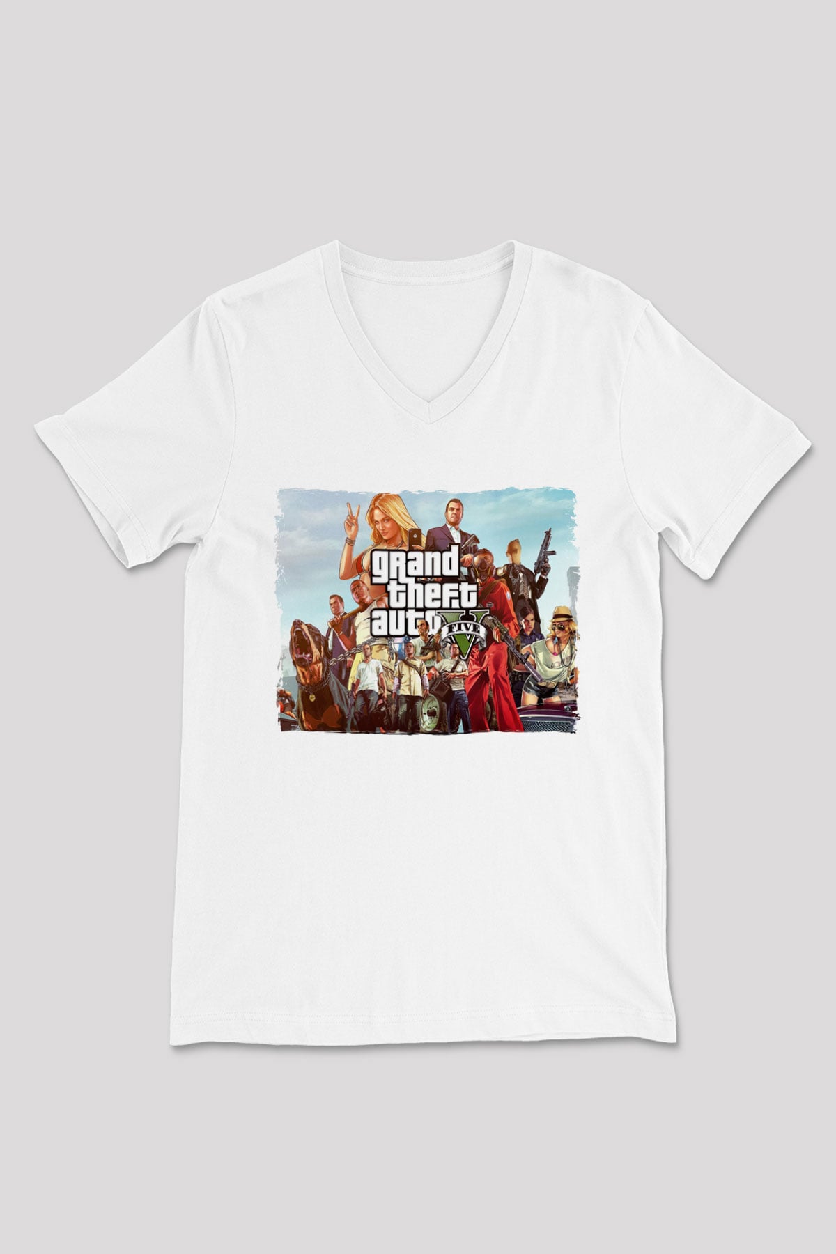 Grand Theft Auto Beyaz Unisex V Yaka Tişört