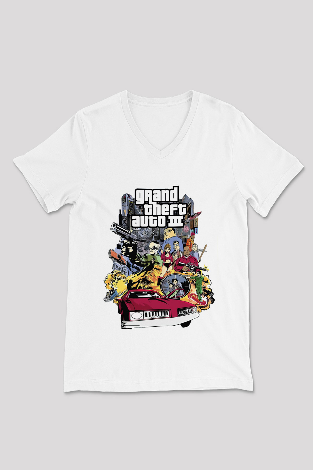 Grand Theft Auto Beyaz Unisex V Yaka Tişört