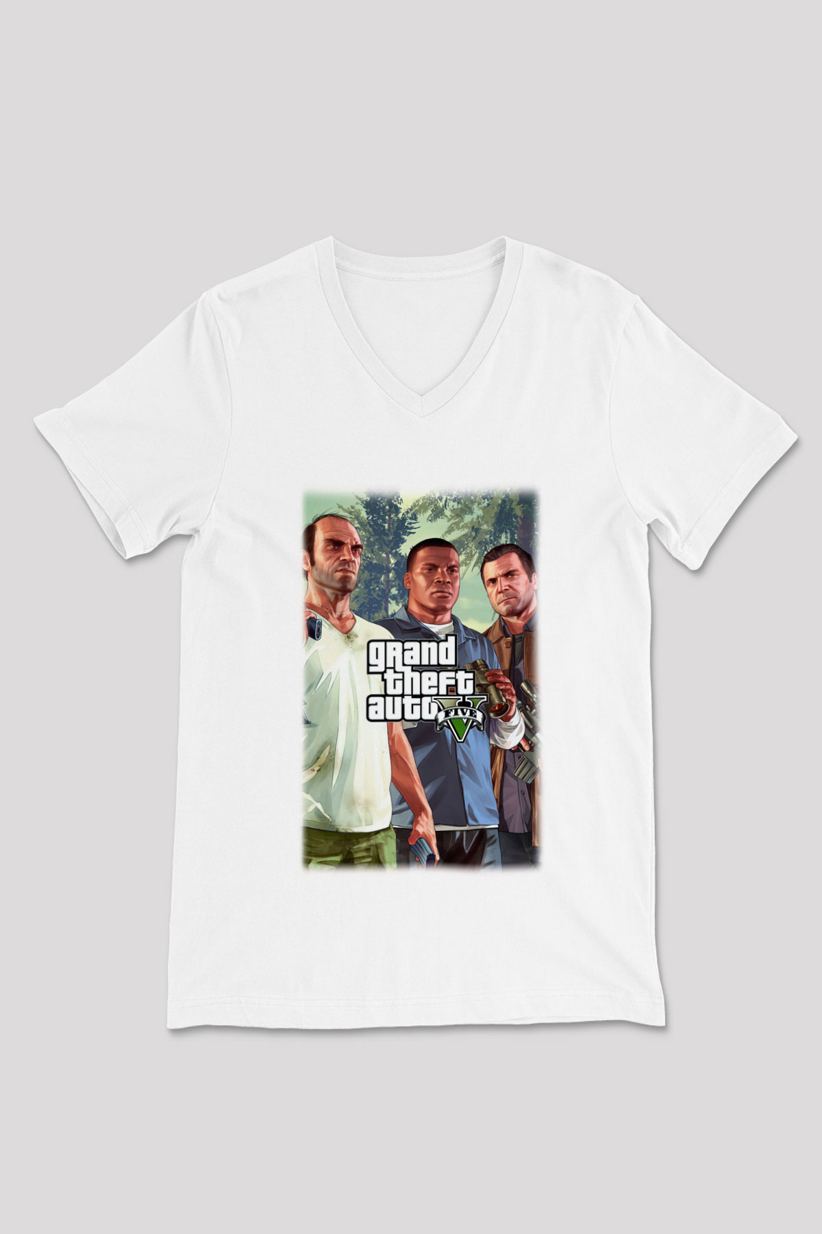 Grand Theft Auto Beyaz Unisex V Yaka Tişört T-Shirt