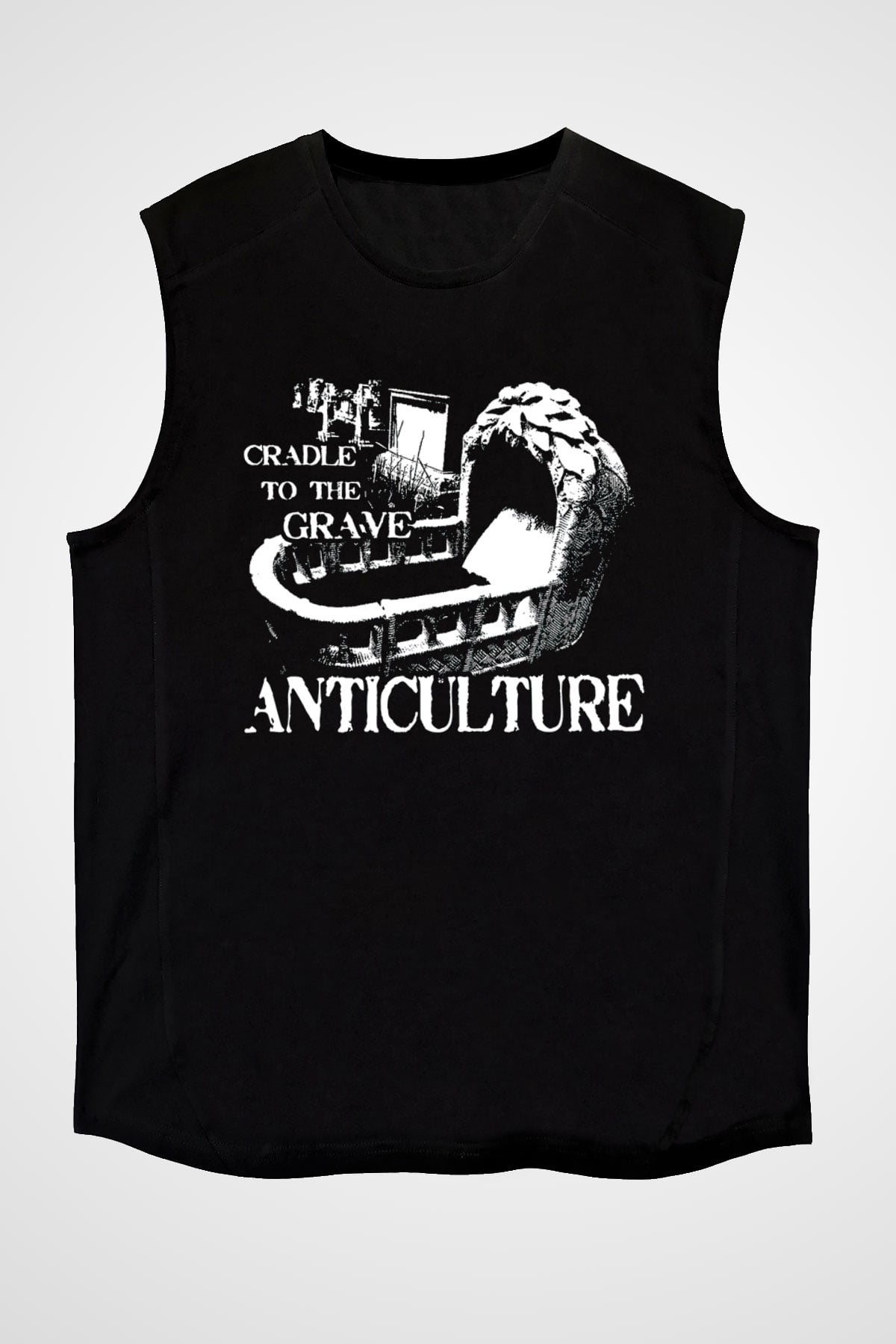 Grave Baskılı Unisex Siyah Kolsuz Tişört - Tshirt