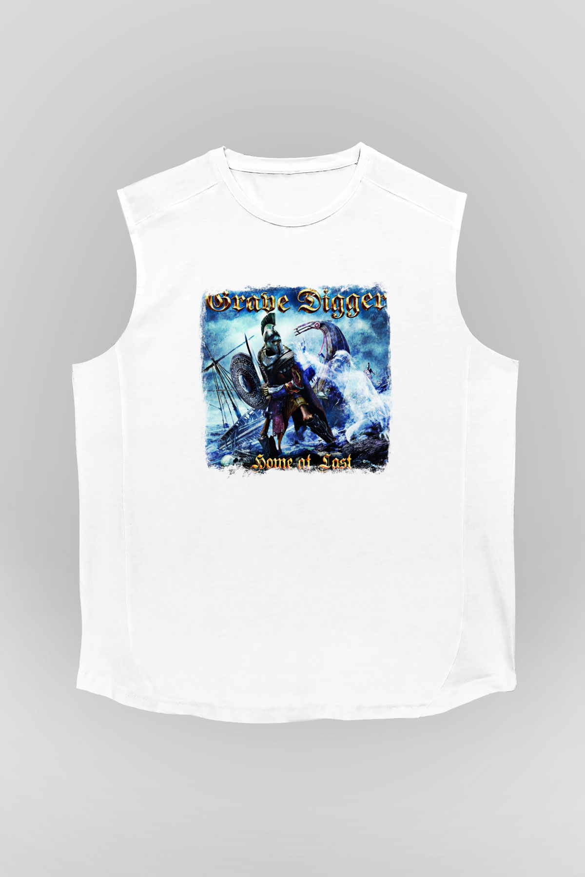 Grave Digger Baskılı Unisex Beyaz Kolsuz Tişört