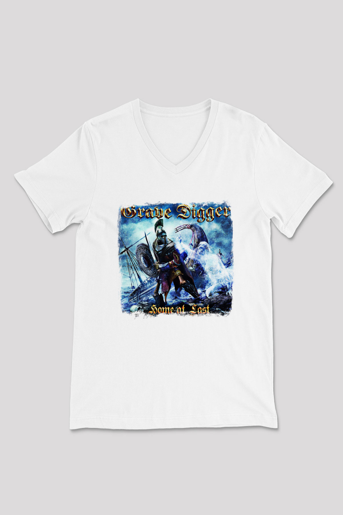 Grave Digger Baskılı Unisex Beyaz V Yaka Tişört