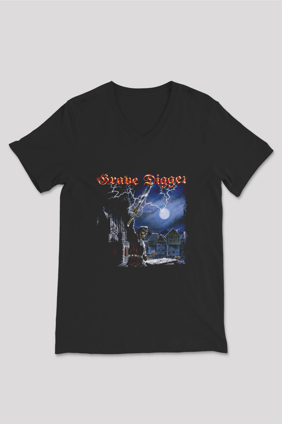 Grave Digger Baskılı Unisex Siyah V Yaka Tişört