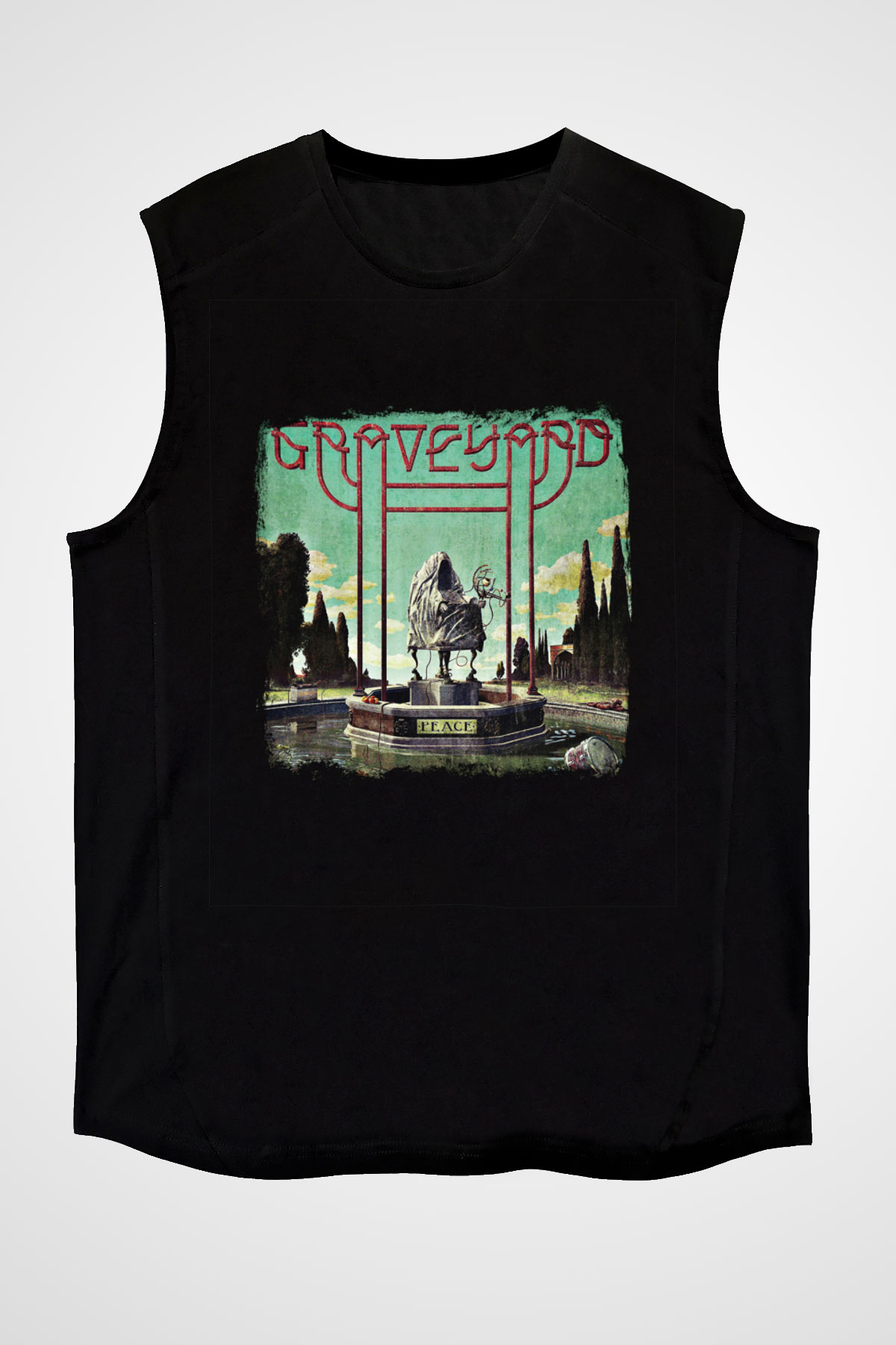 Graveyard Baskılı Unisex Siyah Kolsuz Tişört