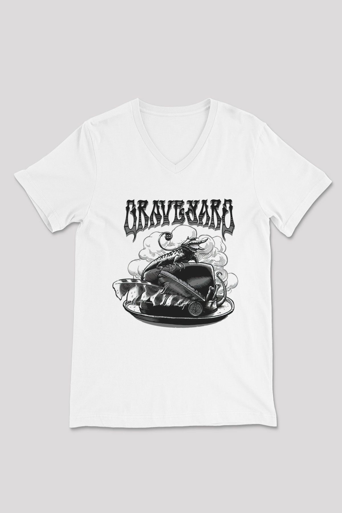 Graveyard Beyaz Unisex V Yaka Tişört