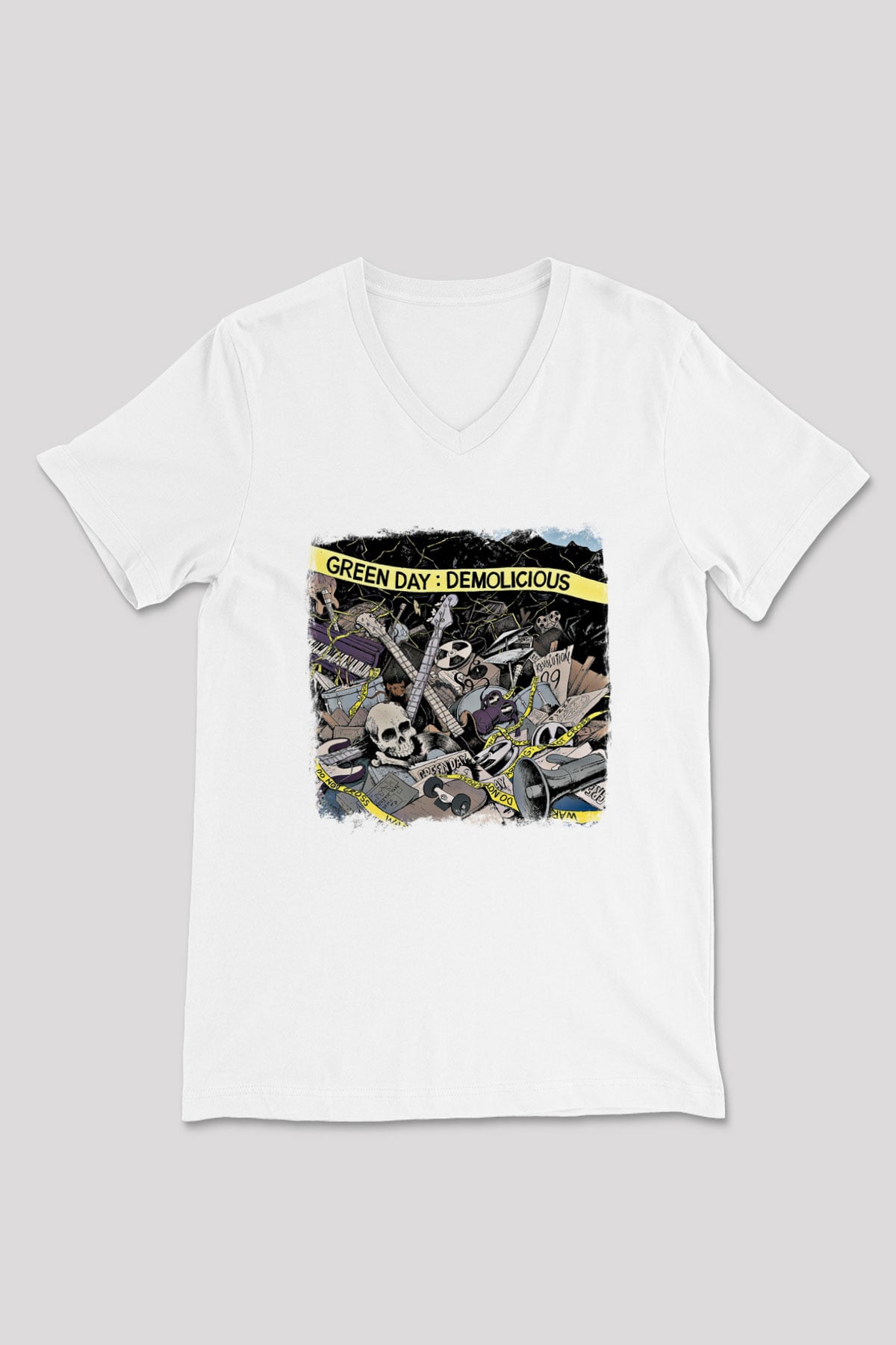 Green Day Baskılı Unisex Beyaz V Yaka Tişört