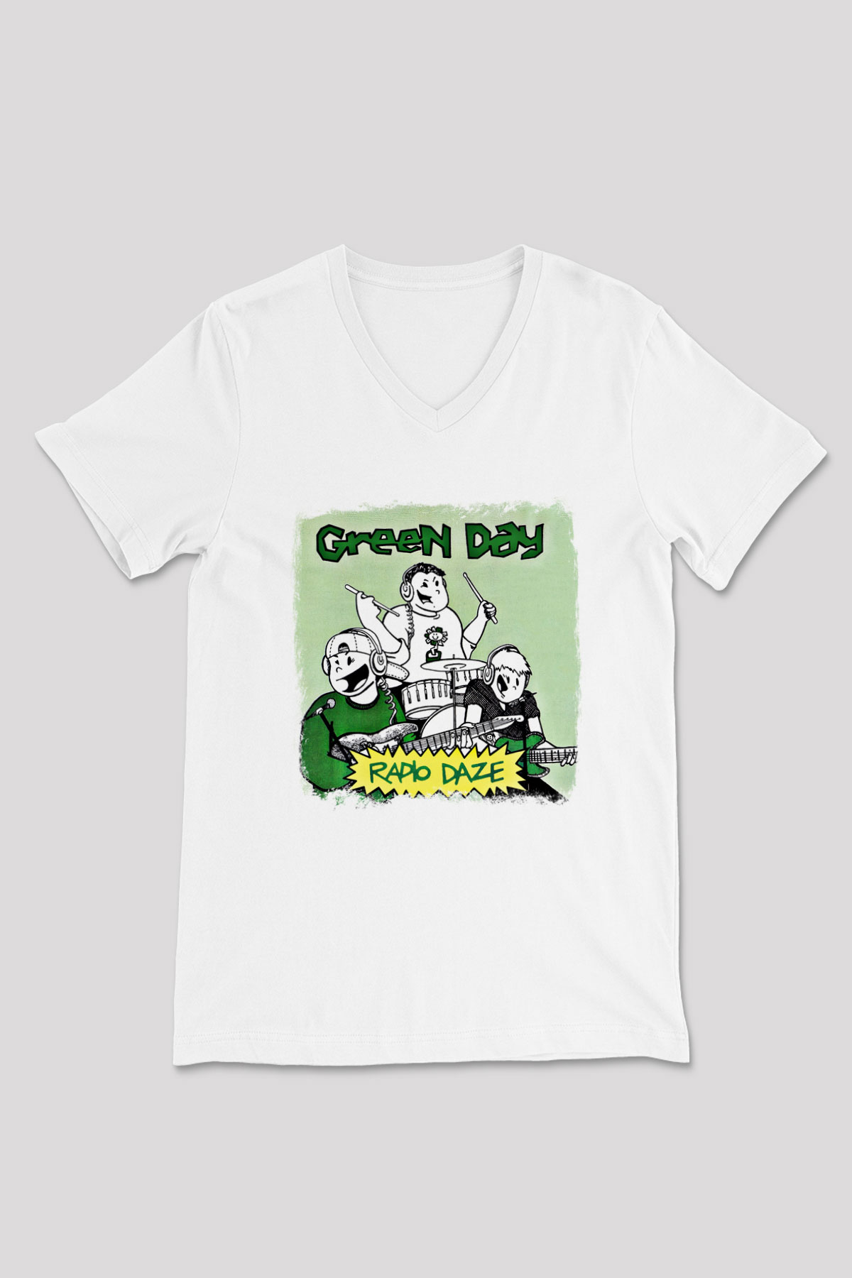 Green Day Baskılı Unisex Beyaz V Yaka Tişört