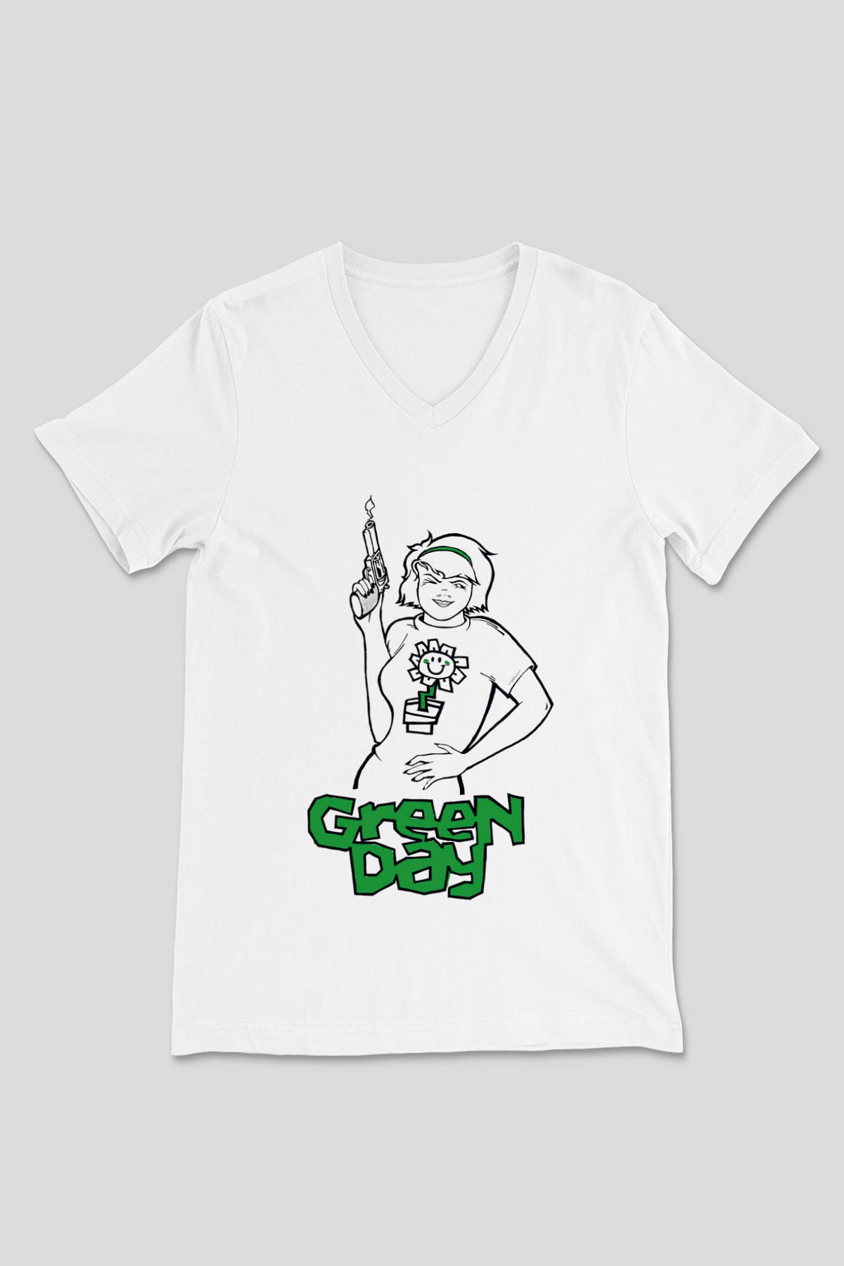 Green Day Beyaz Unisex V Yaka Tişört T-Shirt