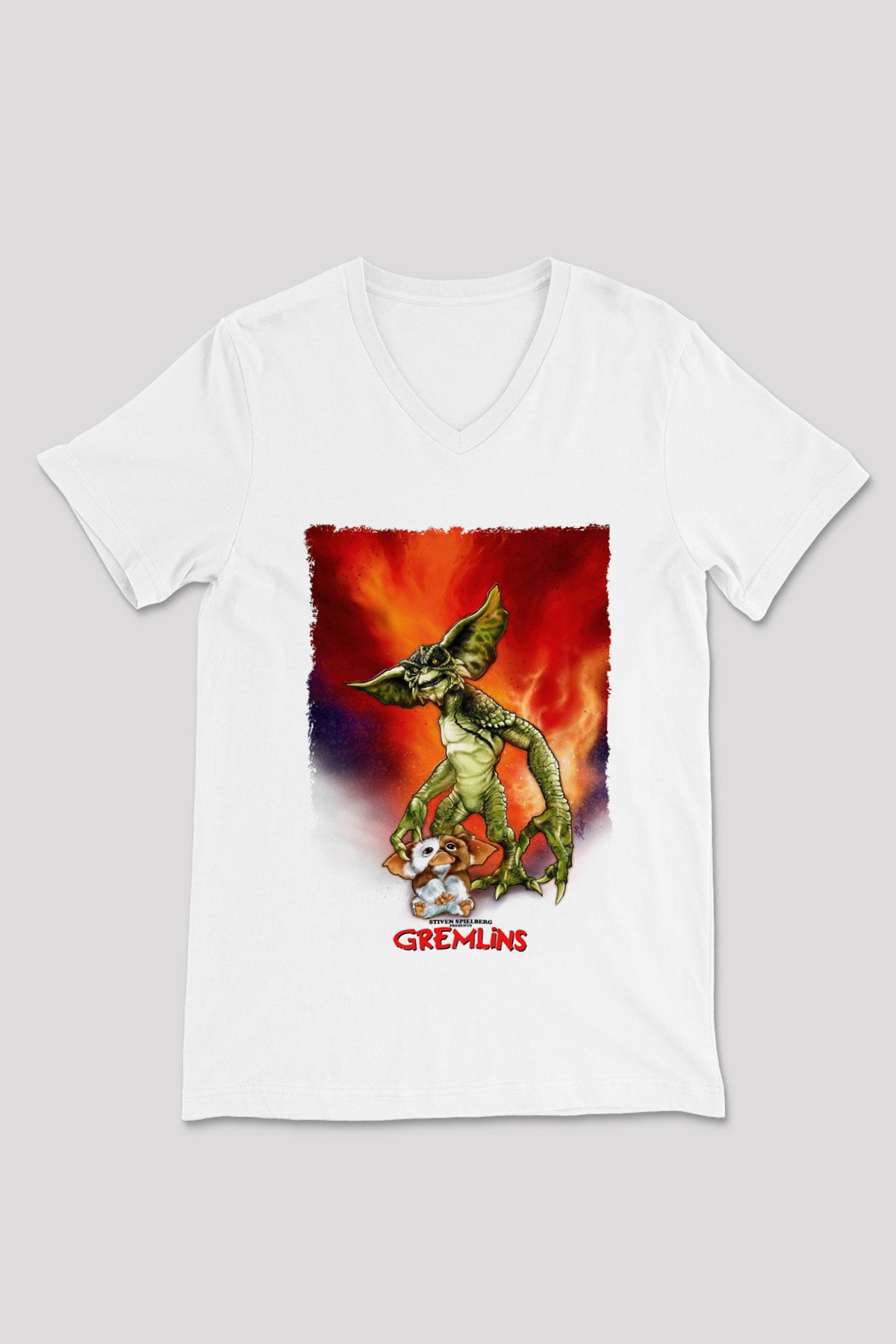 Gremlins Beyaz Unisex V Yaka Tişört