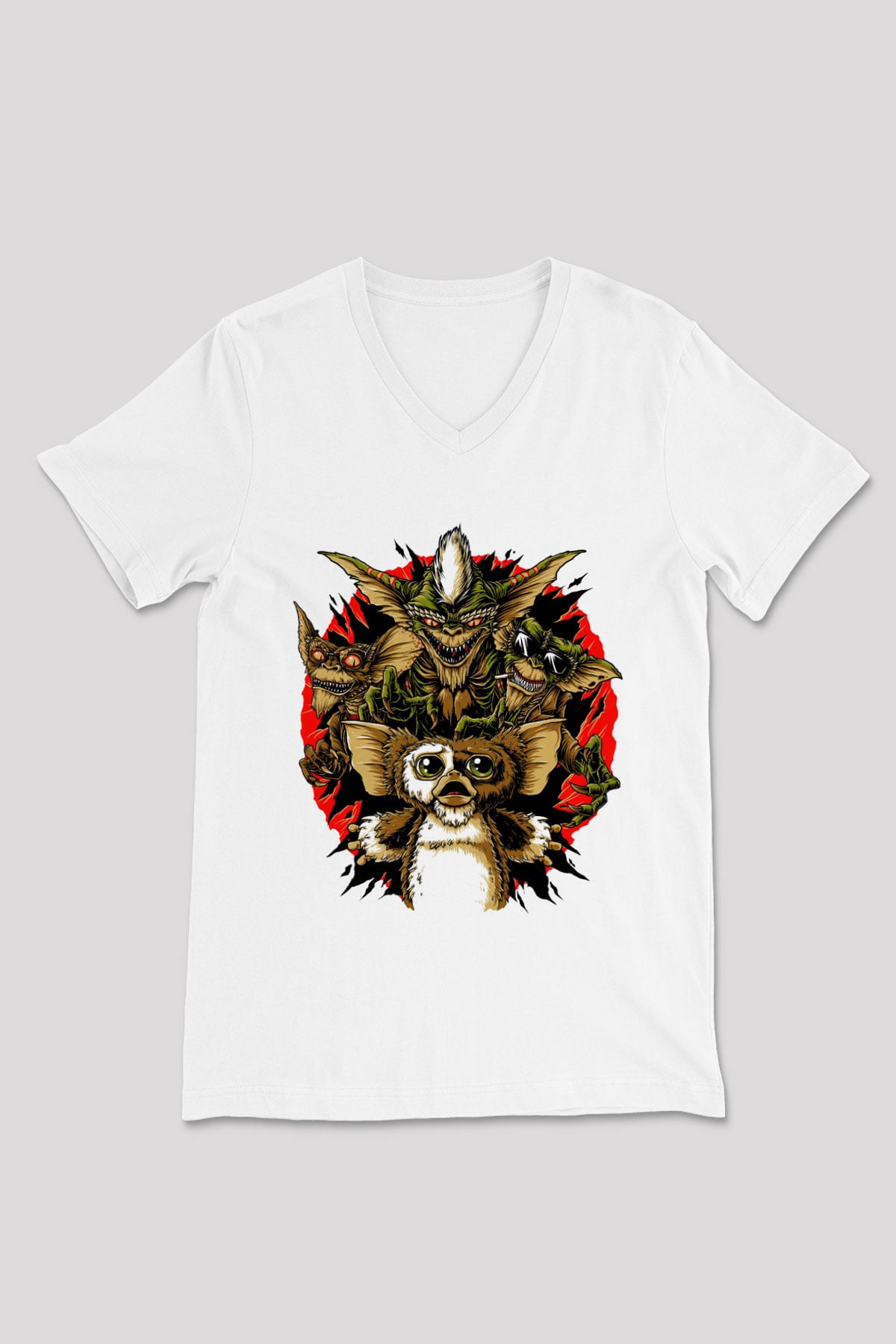 Gremlins Beyaz Unisex V Yaka Tişört