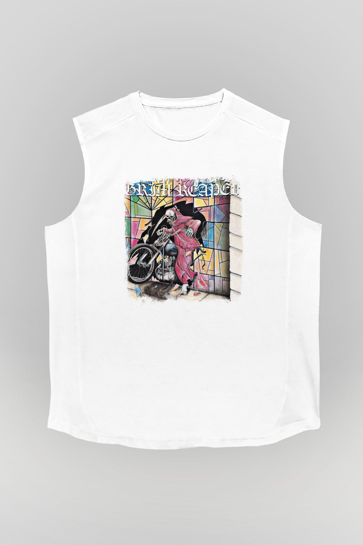 Grim Reaper Baskılı Unisex Beyaz Kolsuz Tişört
