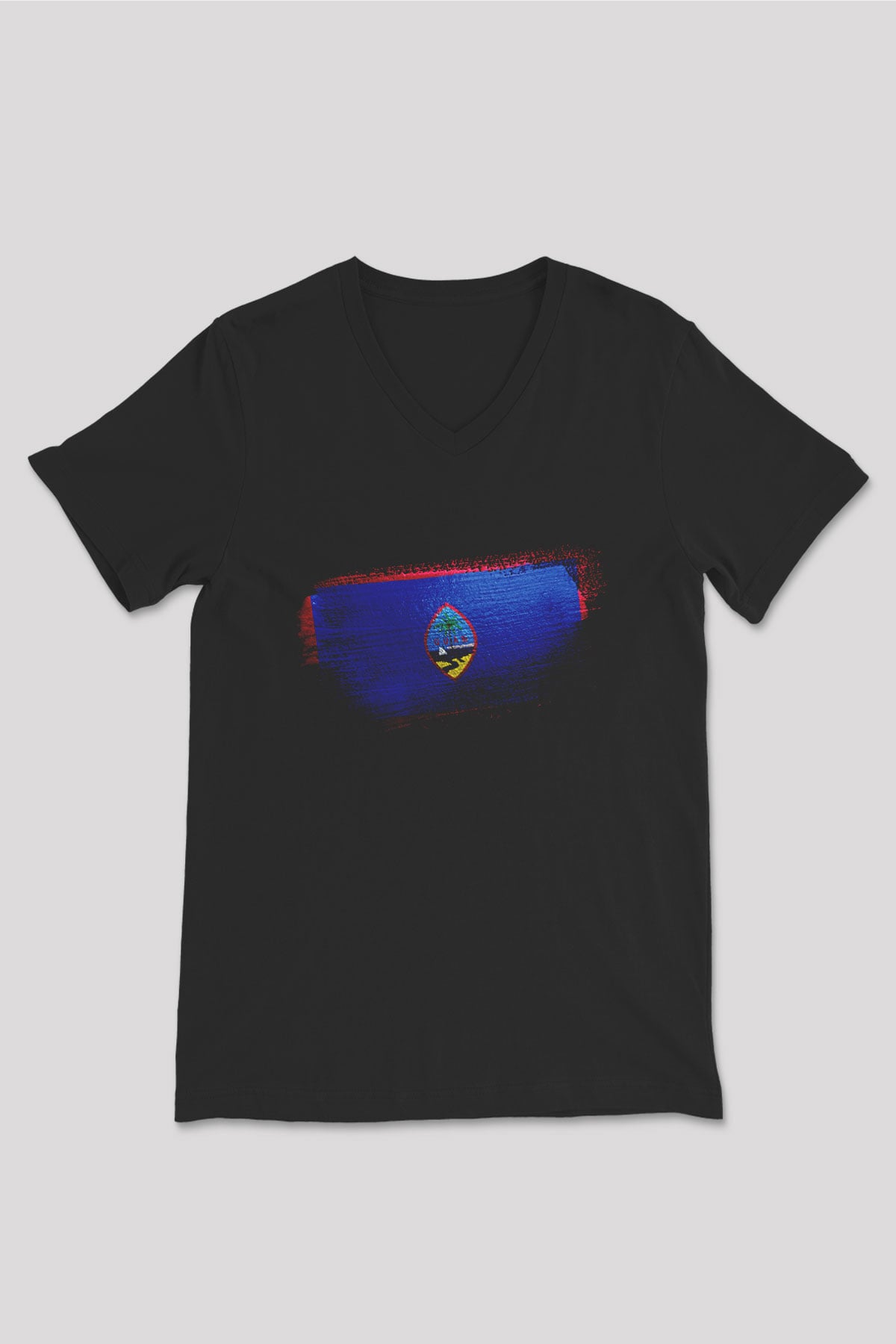 Guam Bayrağı Baskılı Unisex Siyah V Yaka Tişört