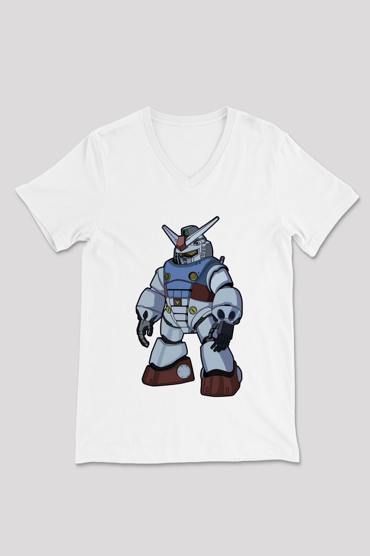 Gundam Robot Baskılı Unisex Beyaz V Yaka Tişört