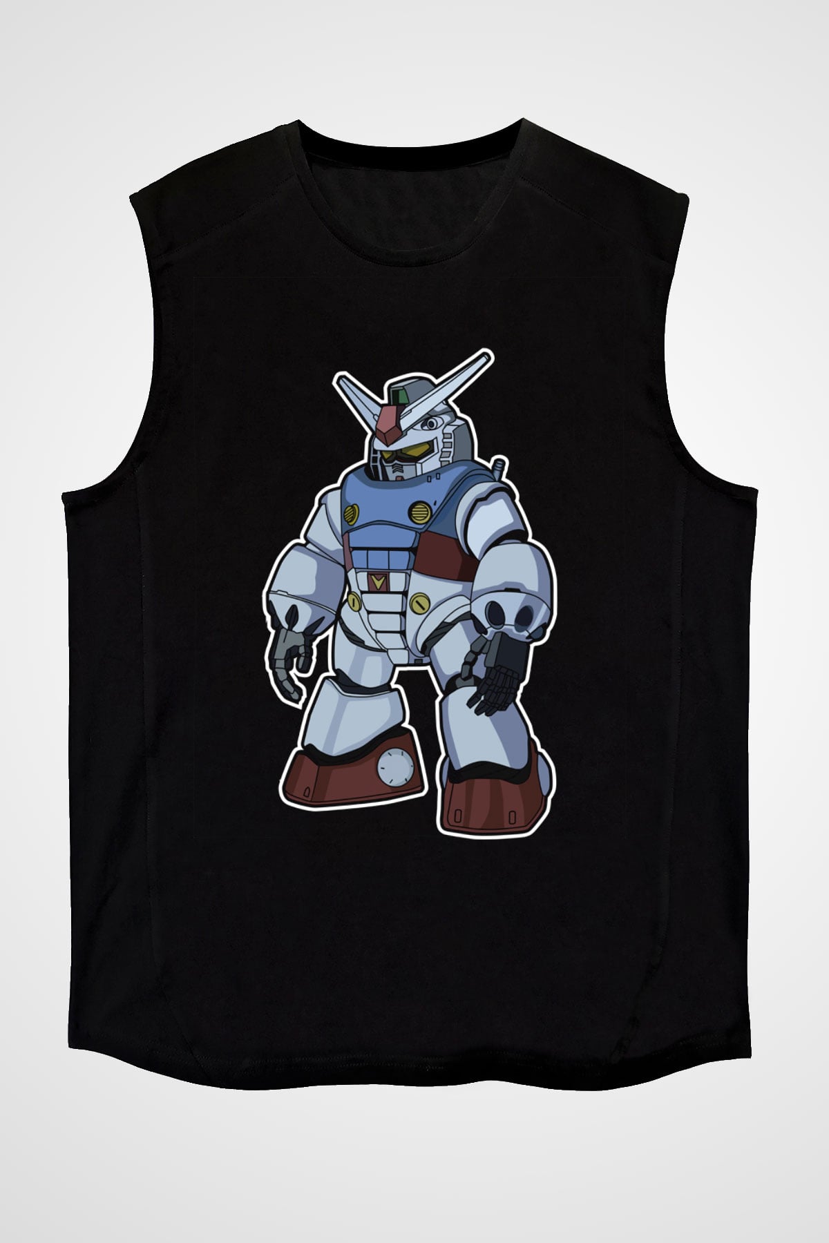 Gundam Robot Baskılı Unisex Siyah Kolsuz Tişört
