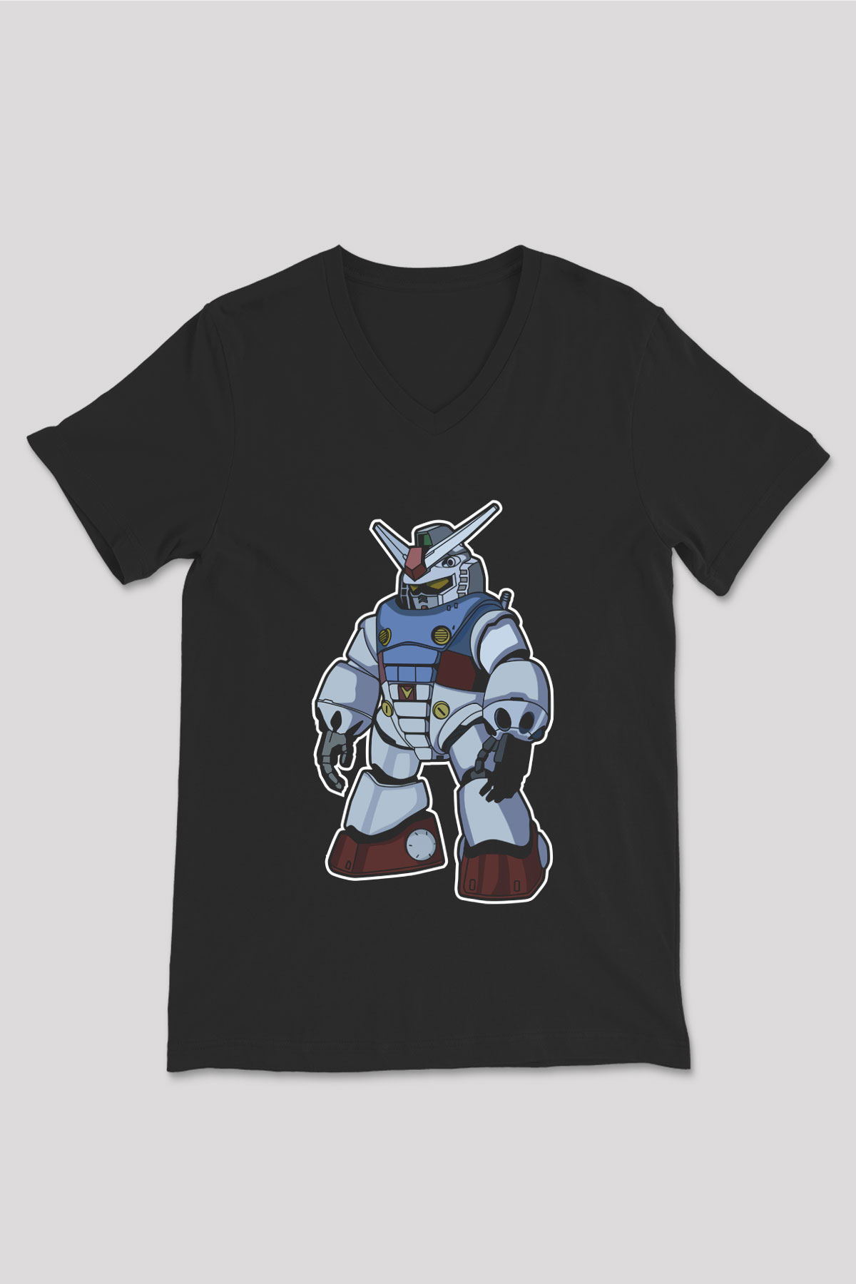 Gundam Robot Baskılı Unisex Siyah V Yaka Tişört