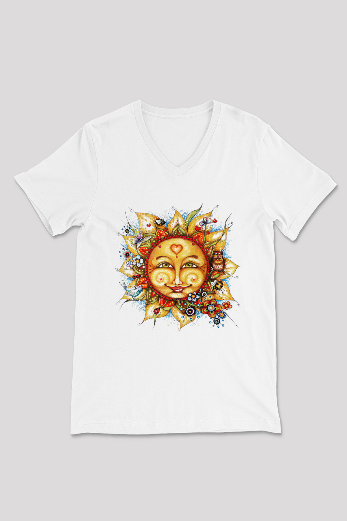 Güneş Beyaz Unisex V Yaka Tişört T-Shirt