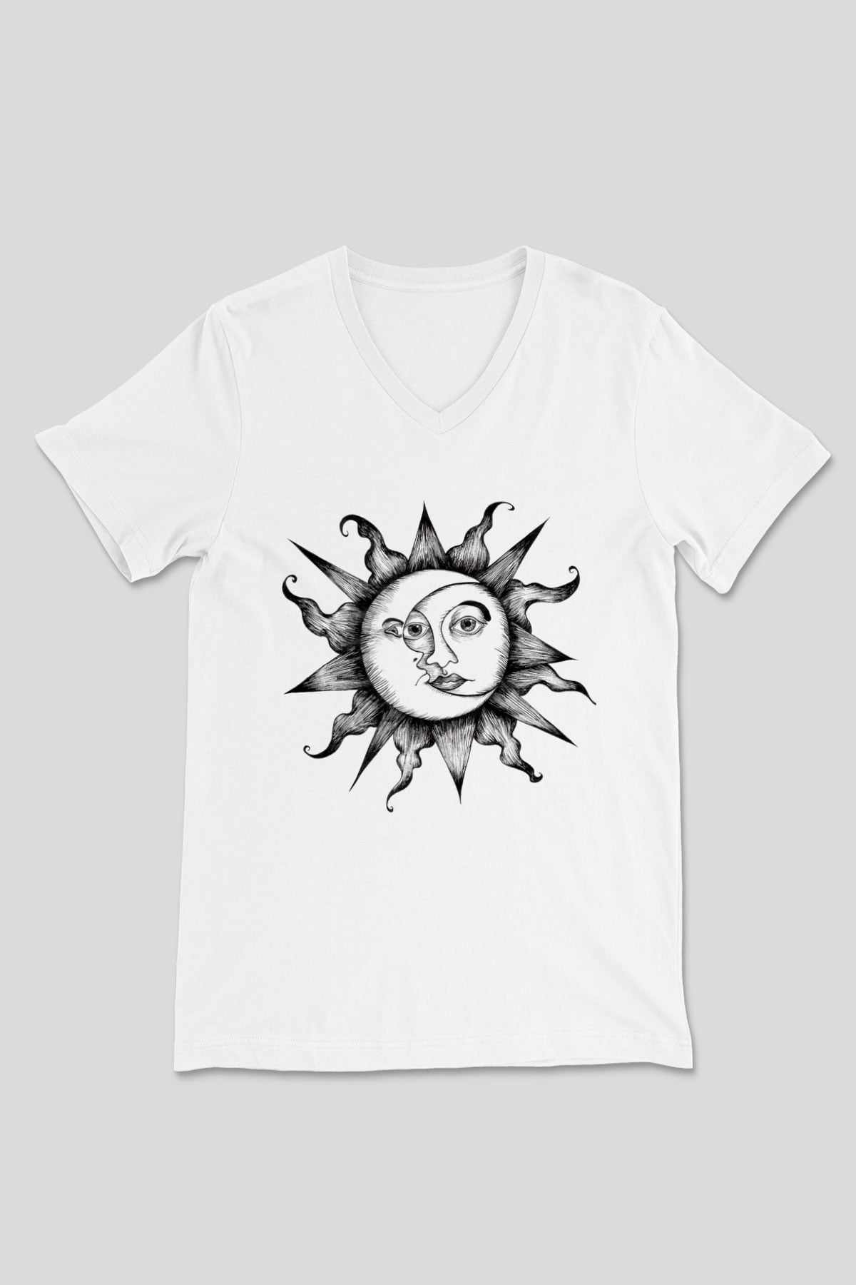 Güneş Beyaz Unisex V Yaka Tişört T-Shirt