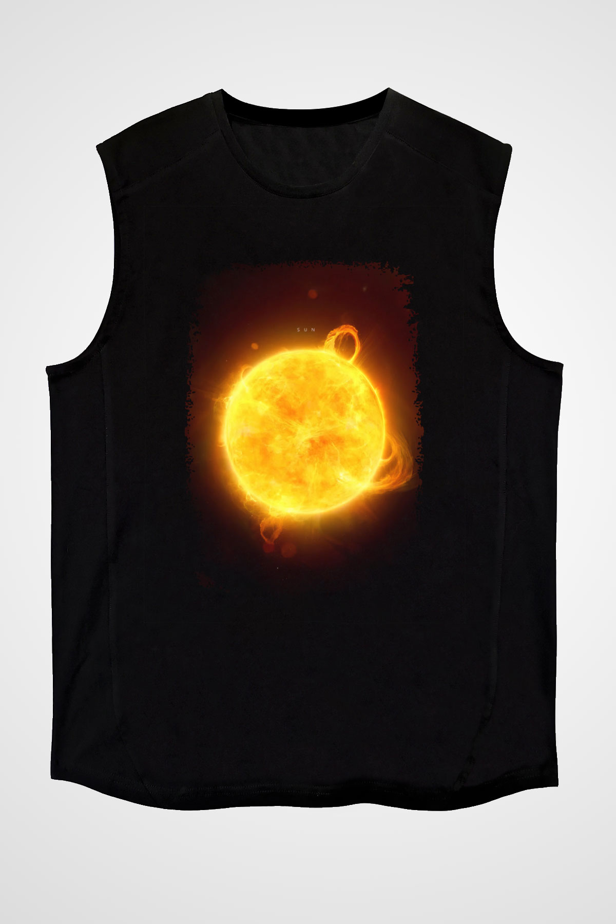 Güneş Çizim Renkli Baskılı Unisex Kolsuz Siyah Tişört - Tshirt