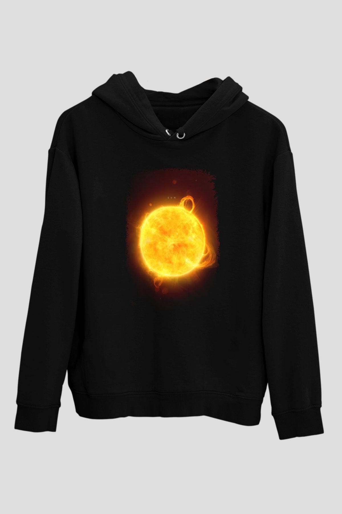 Güneş Çizim Renkli Baskılı Unisex Siyah Hoodie