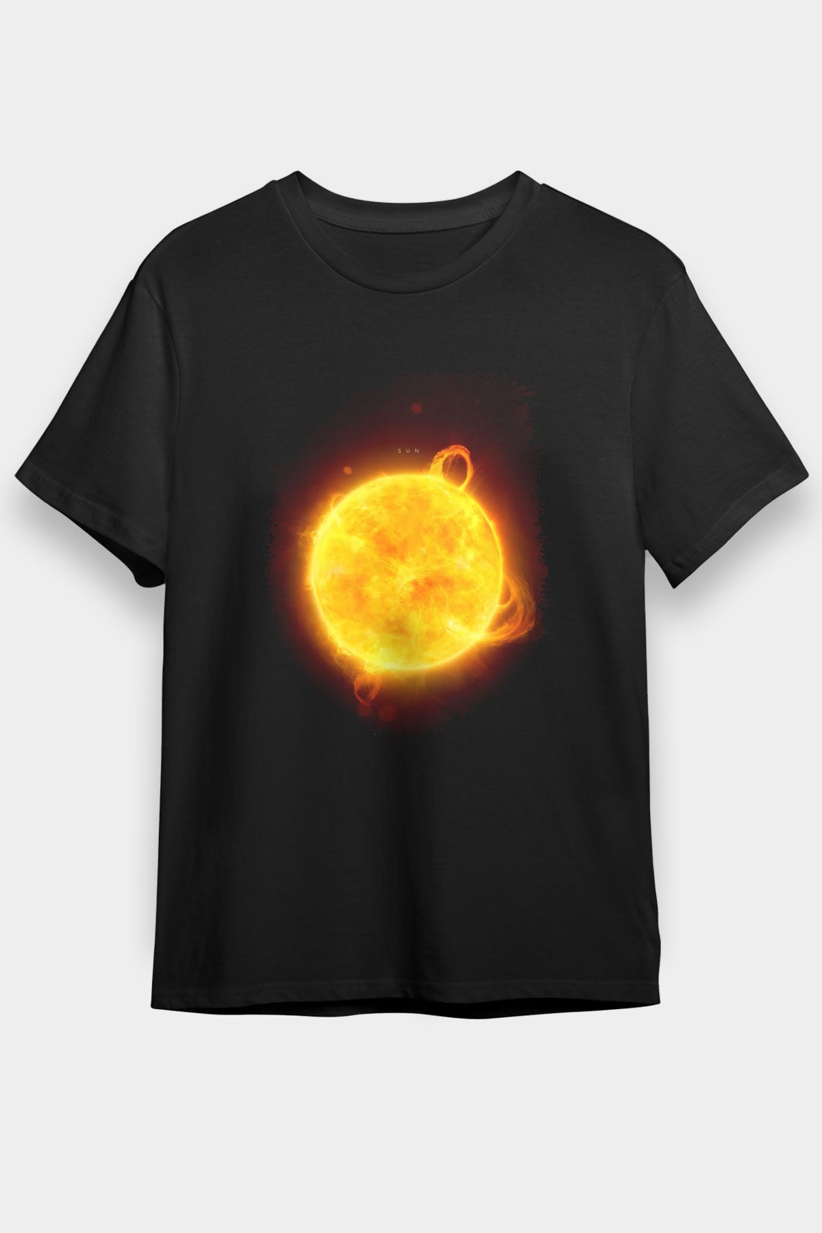 Güneş Çizim Renkli Baskılı Unisex Siyah Tişört - Tshirt