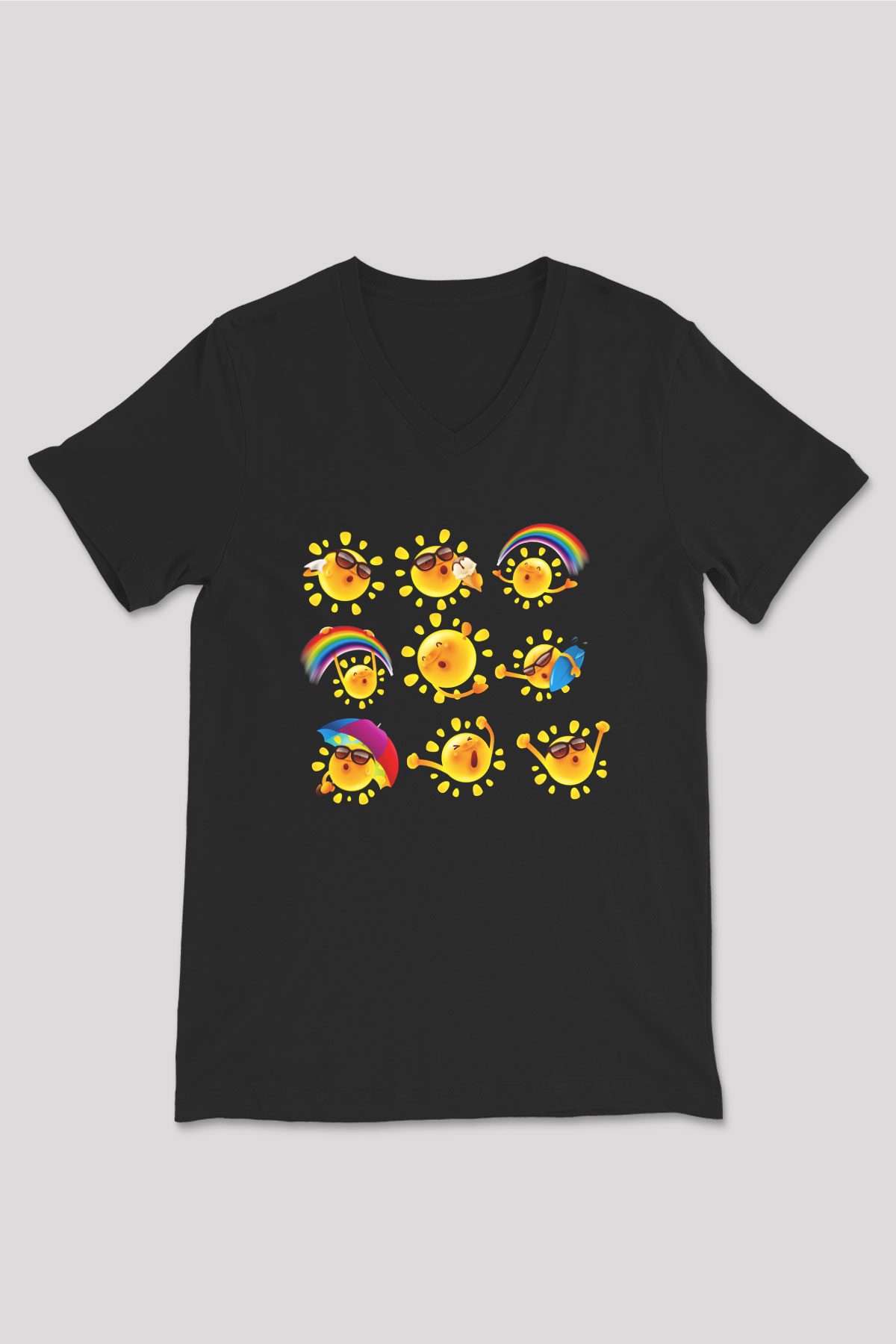 Güneş Siyah Unisex V Yaka Tişört T-Shirt