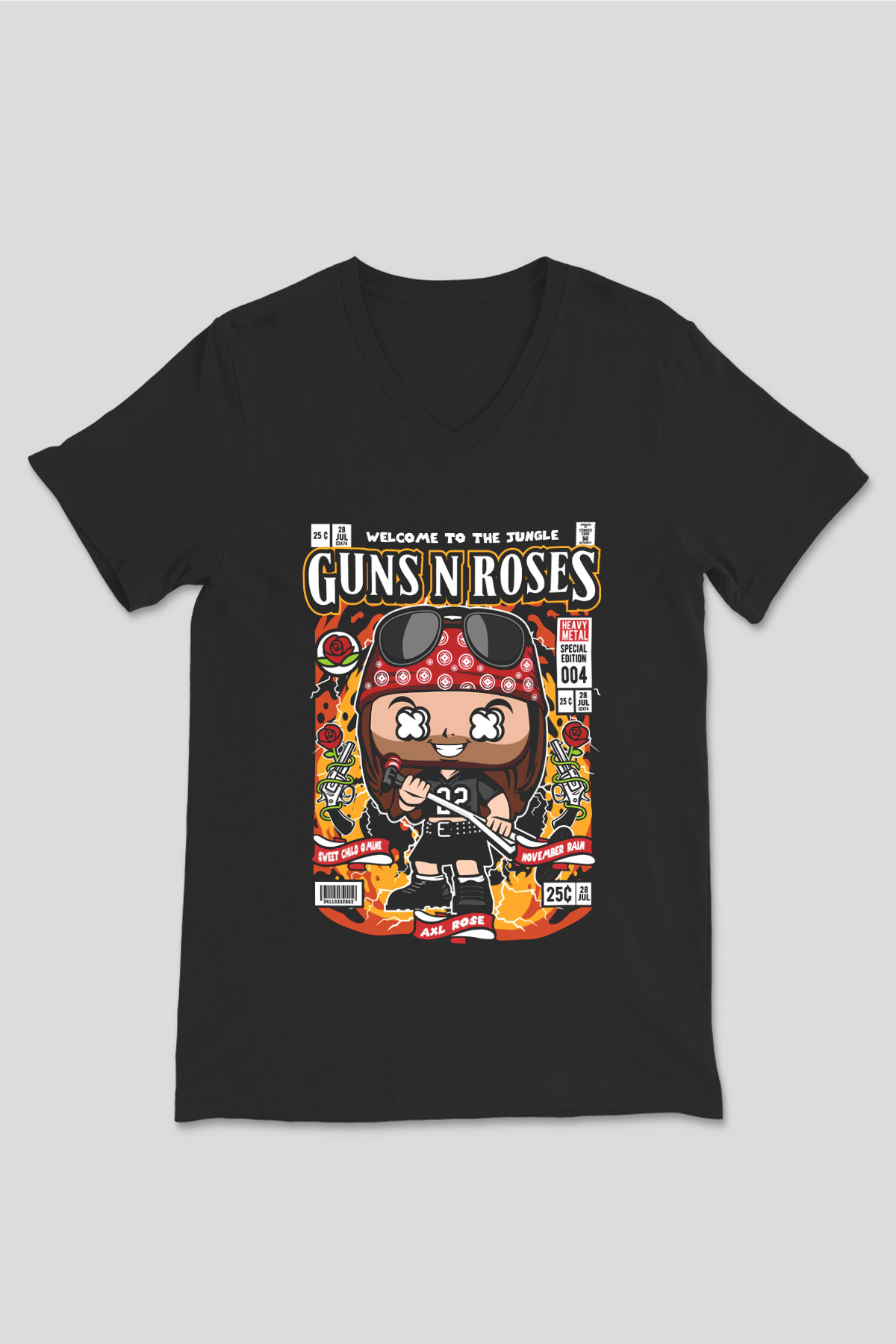 Guns N Roses Baskılı Unisex Siyah V Yaka Tişört