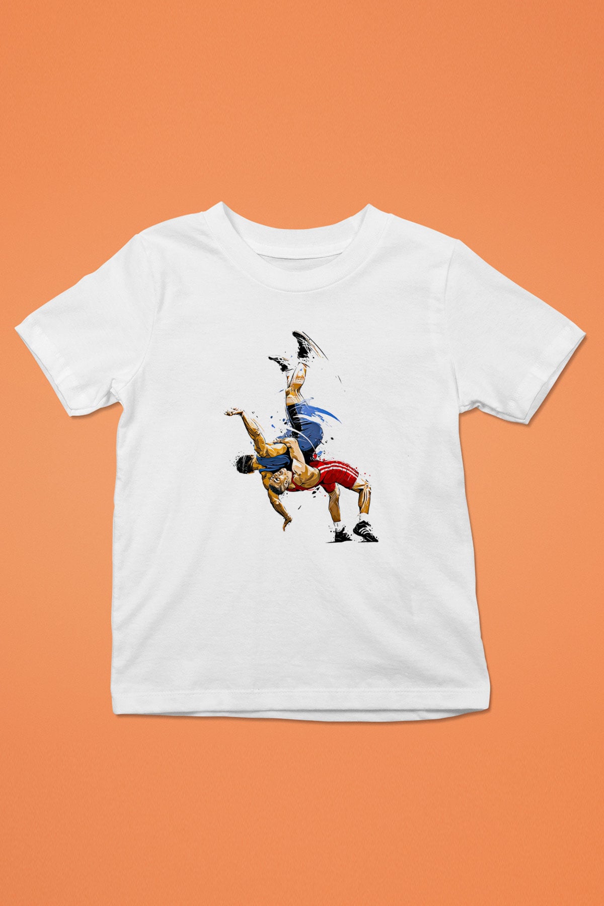 Güreş Baskılı Unisex Beyaz Çocuk Tişört - Tshirt