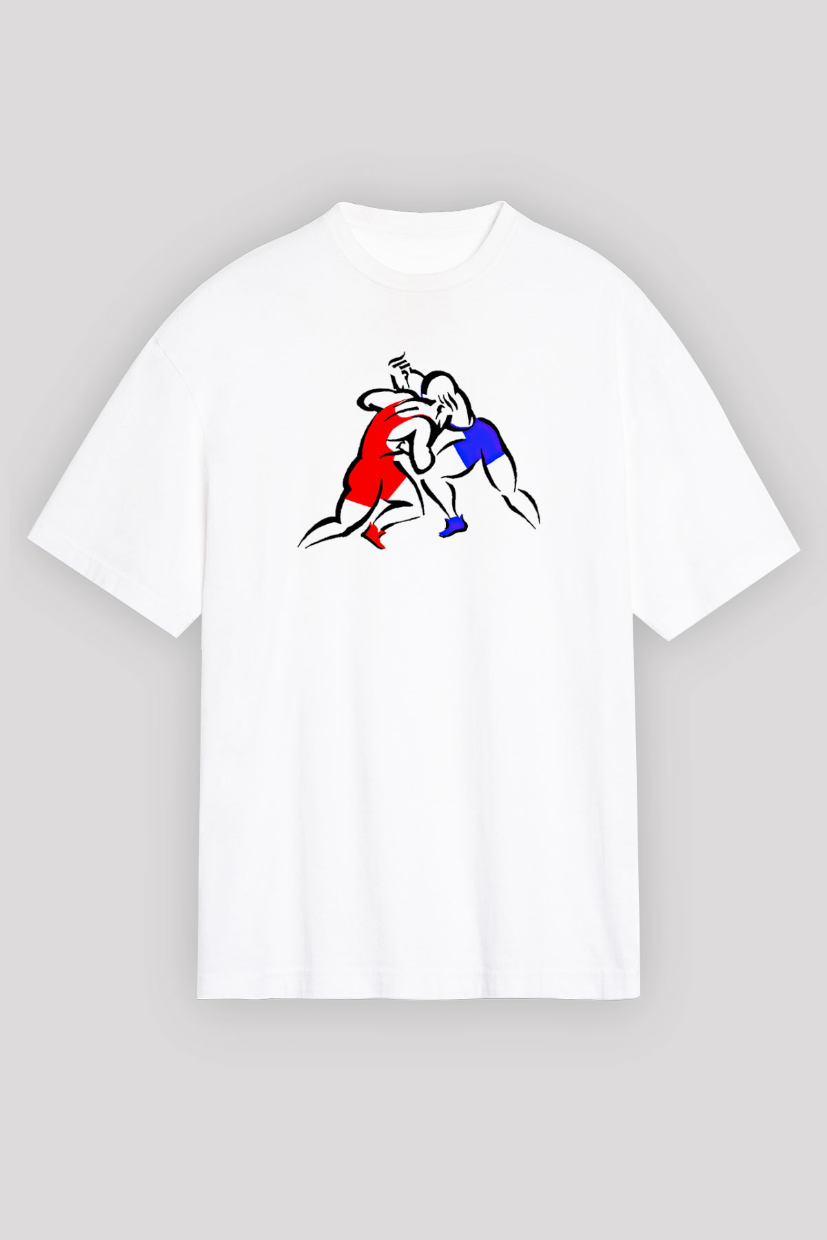 Güreş Baskılı Unisex Beyaz Oversize Tişört - Tshirt