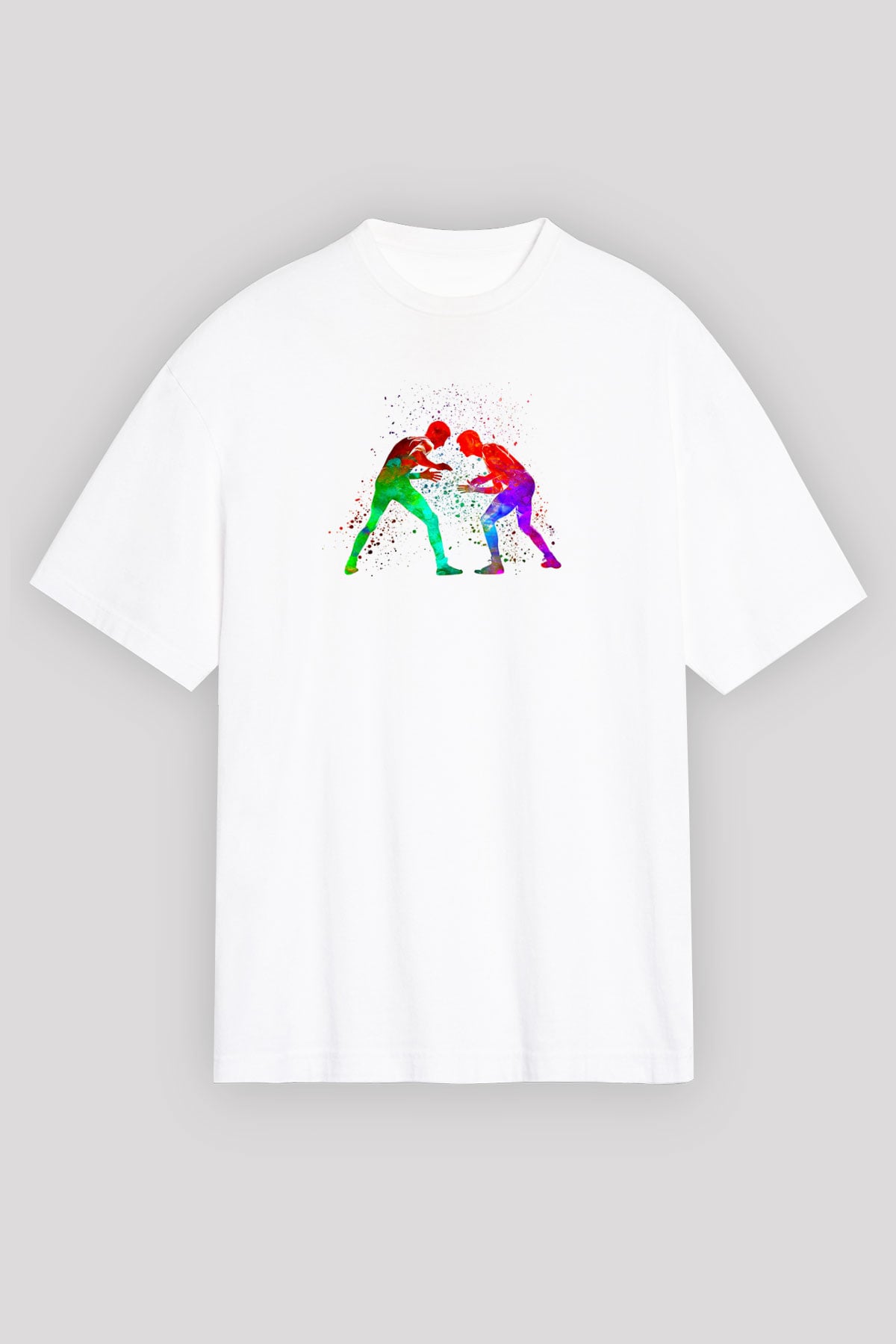 Güreş Baskılı Unisex Beyaz Oversize Tişört - Tshirt