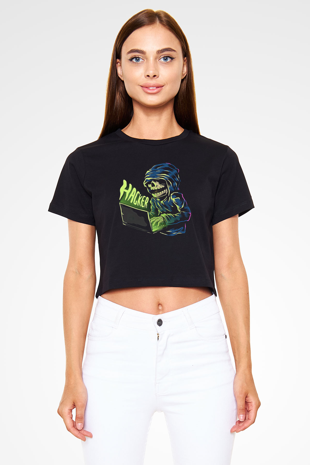 Hacker Baskılı Siyah Crop Top Kadın Tişört - Tshirt