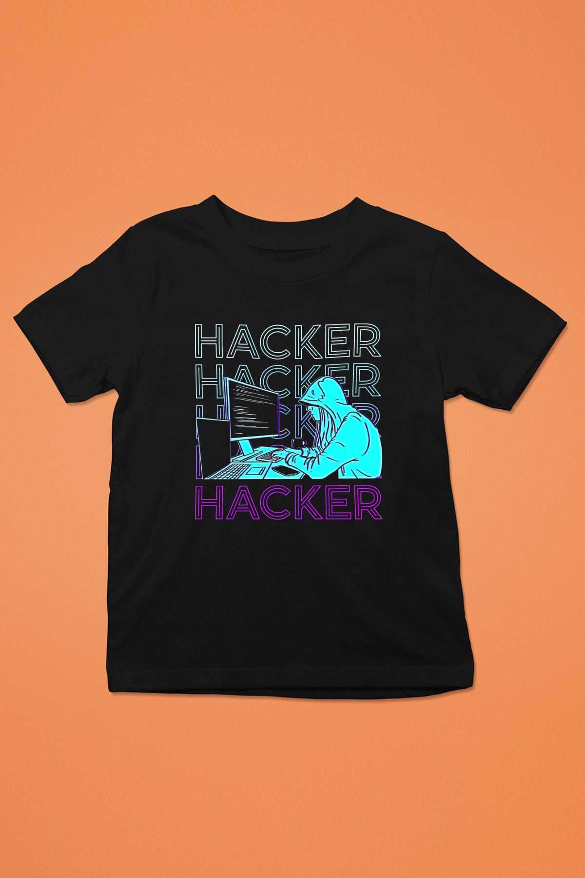 Hacker Baskılı Unisex Siyah Çocuk Tişört - Tshirt