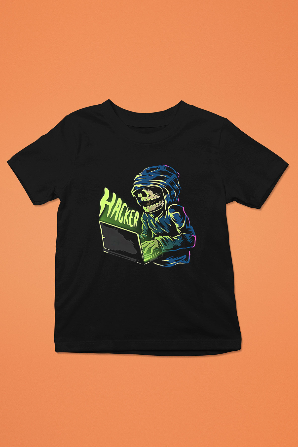 Hacker Baskılı Unisex Siyah Çocuk Tişört - Tshirt