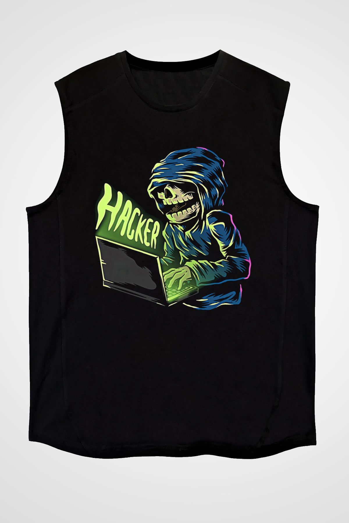 Hacker Baskılı Unisex Siyah Kolsuz Tişört - Tshirt