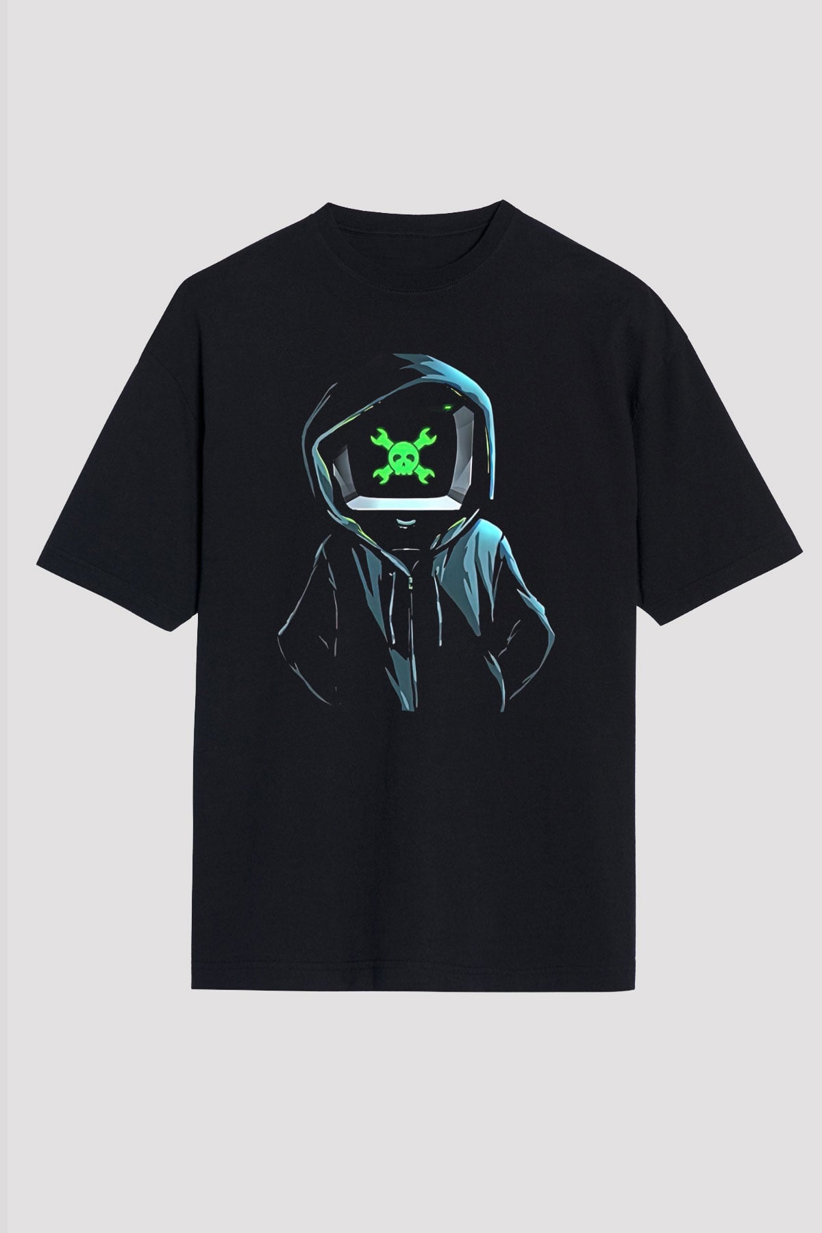 Hacker Baskılı Unisex Siyah Oversize Tişört - Tshirt