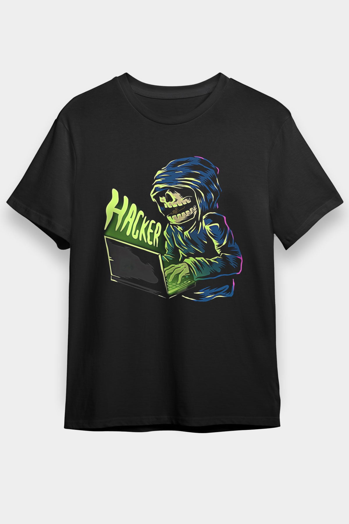 Hacker Baskılı Unisex Siyah Tişört - Tshirt